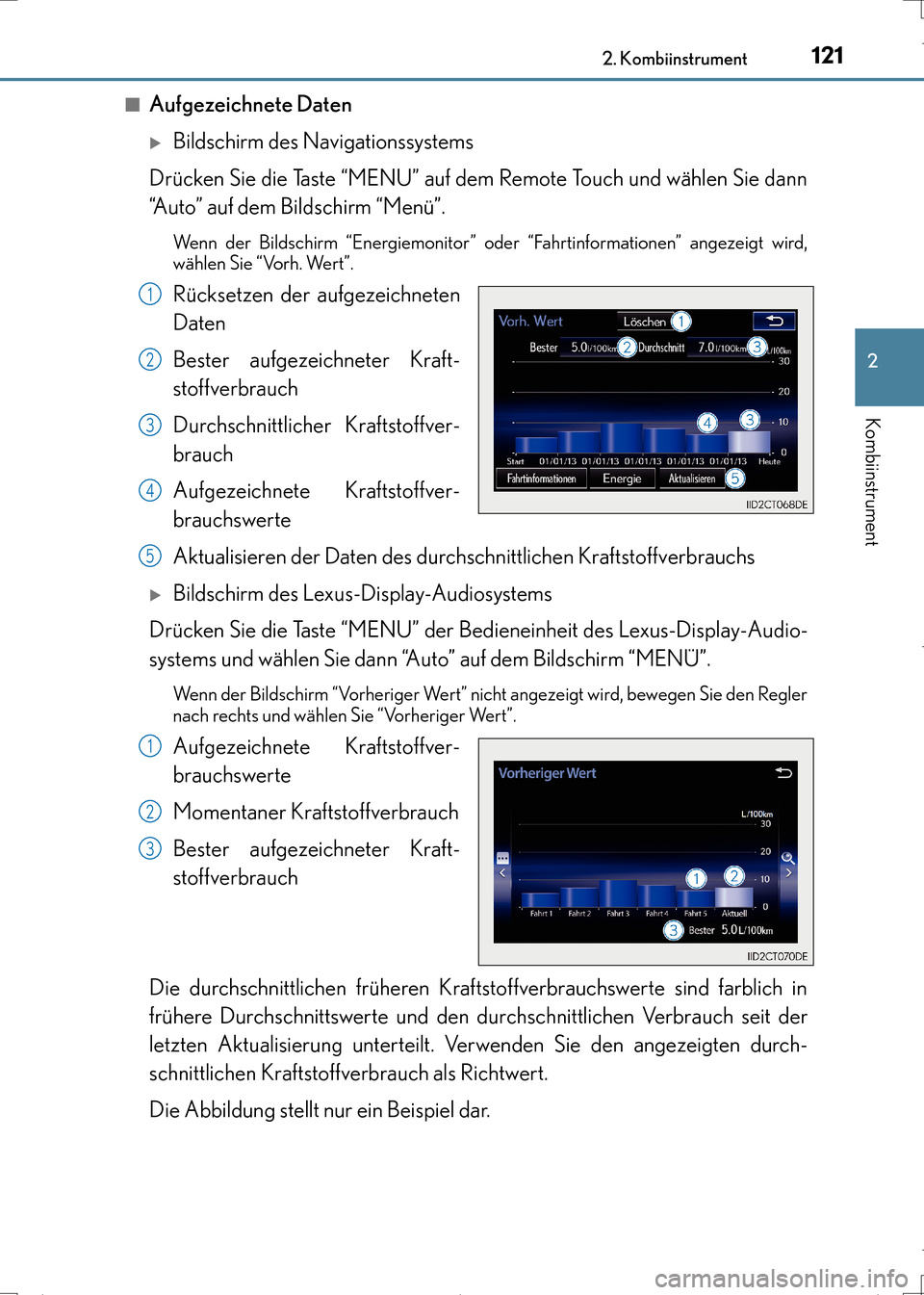 Lexus CT200h 2017  Betriebsanleitung (in German) 1212. Kombiinstrument
2
Kombiinstrument
CT200h_OM_OM99N09M_(EM)■
Aufgezeichnete Daten
�XBildschirm des Navigationssystems
Drücken Sie die Taste “MENU” auf dem Remote Touch und wählen Sie dann
