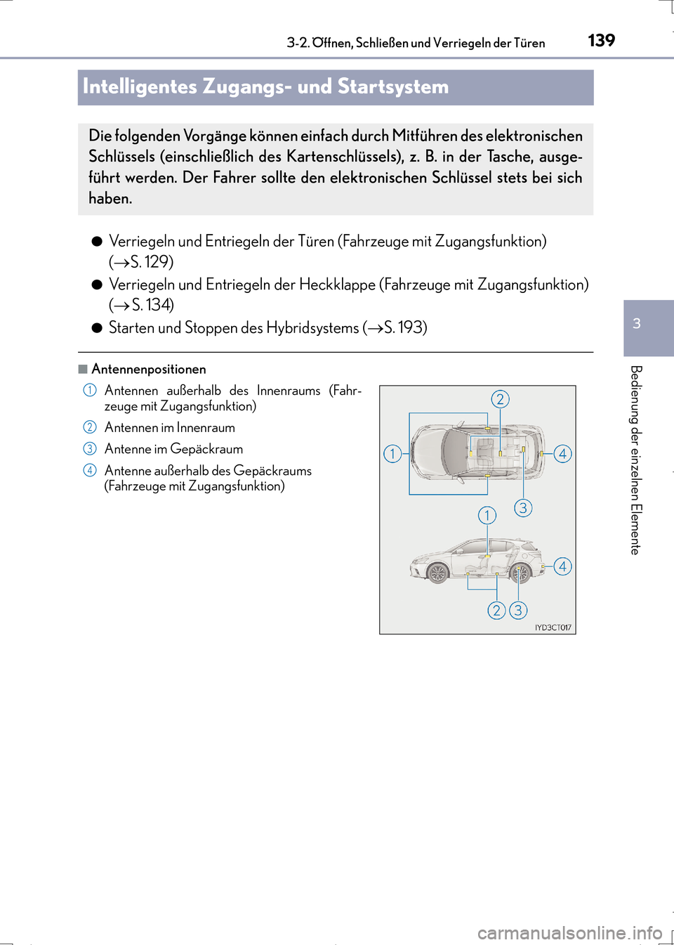 Lexus CT200h 2017 Betriebsanleitung (in German) 139
3
3-2. Öffnen, Schließen und Verriegeln der Türen
Bedienung der einzelnen Elemente
CT200h_OM_OM99N09M_(EM)
Intelligentes Zugangs- und Startsystem
●Verriegeln und Entriegeln der Türen (Fahrz Lexus CT200h 2017 Betriebsanleitung (in German) 139
3
3-2. Öffnen, Schließen und Verriegeln der Türen
Bedienung der einzelnen Elemente
CT200h_OM_OM99N09M_(EM)
Intelligentes Zugangs- und Startsystem
●Verriegeln und Entriegeln der Türen (Fahrz