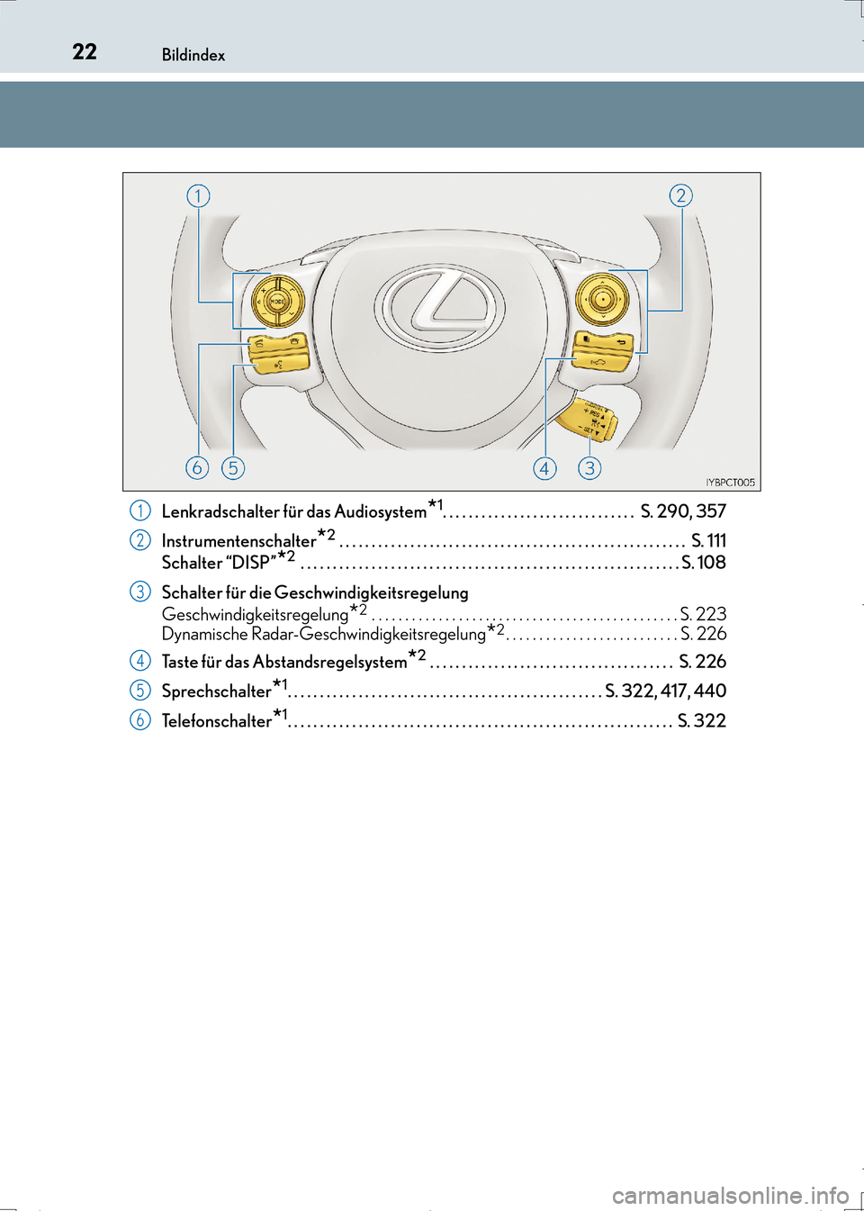 Lexus CT200h 2017  Betriebsanleitung (in German) 22Bildindex
CT200h_OM_OM99N09M_(EM)Lenkradschalter für das Audiosystem
*1. . . . . . . . . . . . . . . . . . . . . . . . . . . . . .  S. 290, 357
Instrumentenschalter
*2 . . . . . . . . . . . . . . .