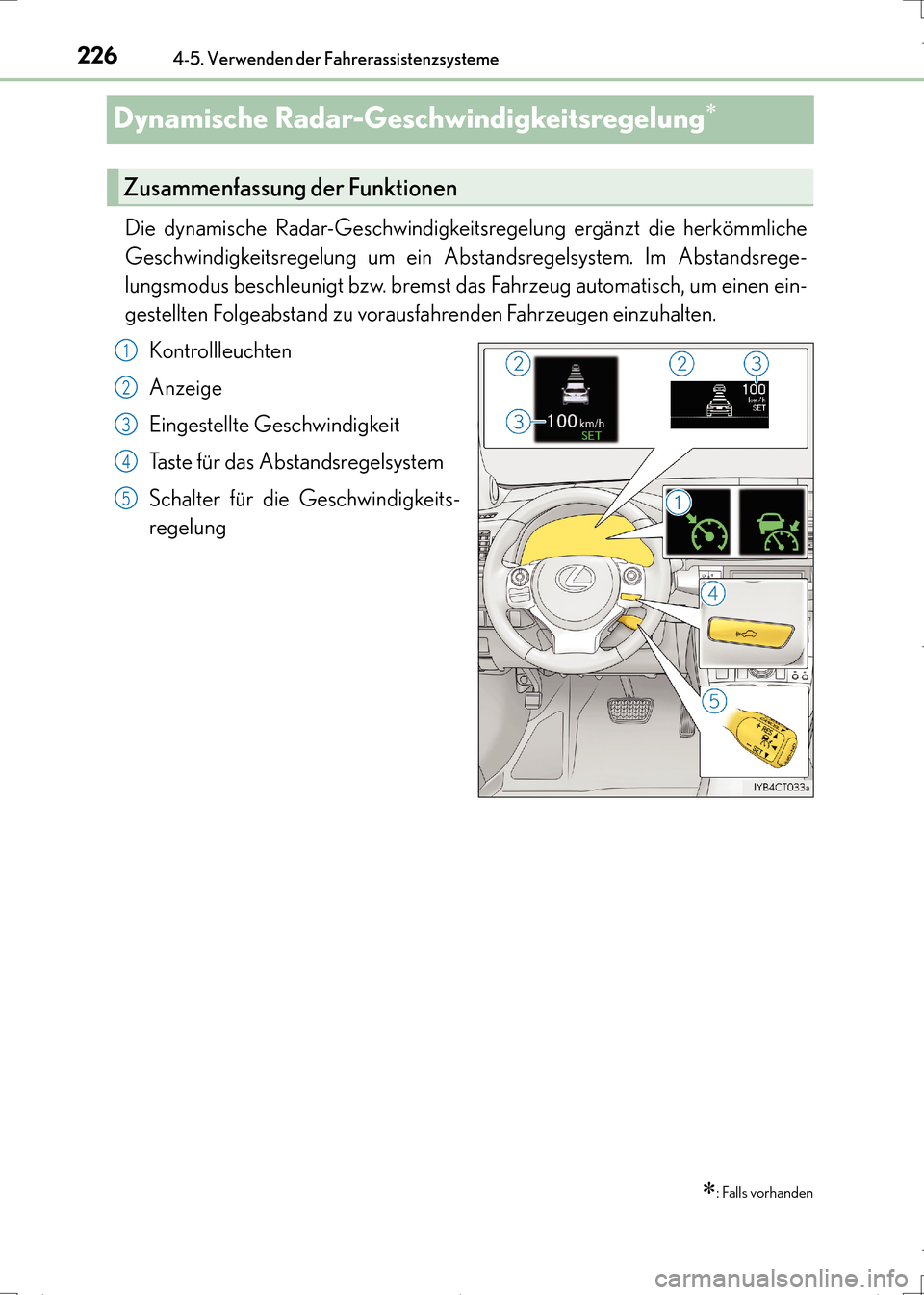 Lexus CT200h 2017 Betriebsanleitung (in German) 2264-5. Verwenden der Fahrerassistenzsysteme
CT200h_OM_OM99N09M_(EM)
Dynamische Radar-Geschwindigkeitsregelung∗
Die dynamische Radar-Geschwindigkeitsregelung ergänzt die herkömmliche
Geschwindigke Lexus CT200h 2017 Betriebsanleitung (in German) 2264-5. Verwenden der Fahrerassistenzsysteme
CT200h_OM_OM99N09M_(EM)
Dynamische Radar-Geschwindigkeitsregelung∗
Die dynamische Radar-Geschwindigkeitsregelung ergänzt die herkömmliche
Geschwindigke