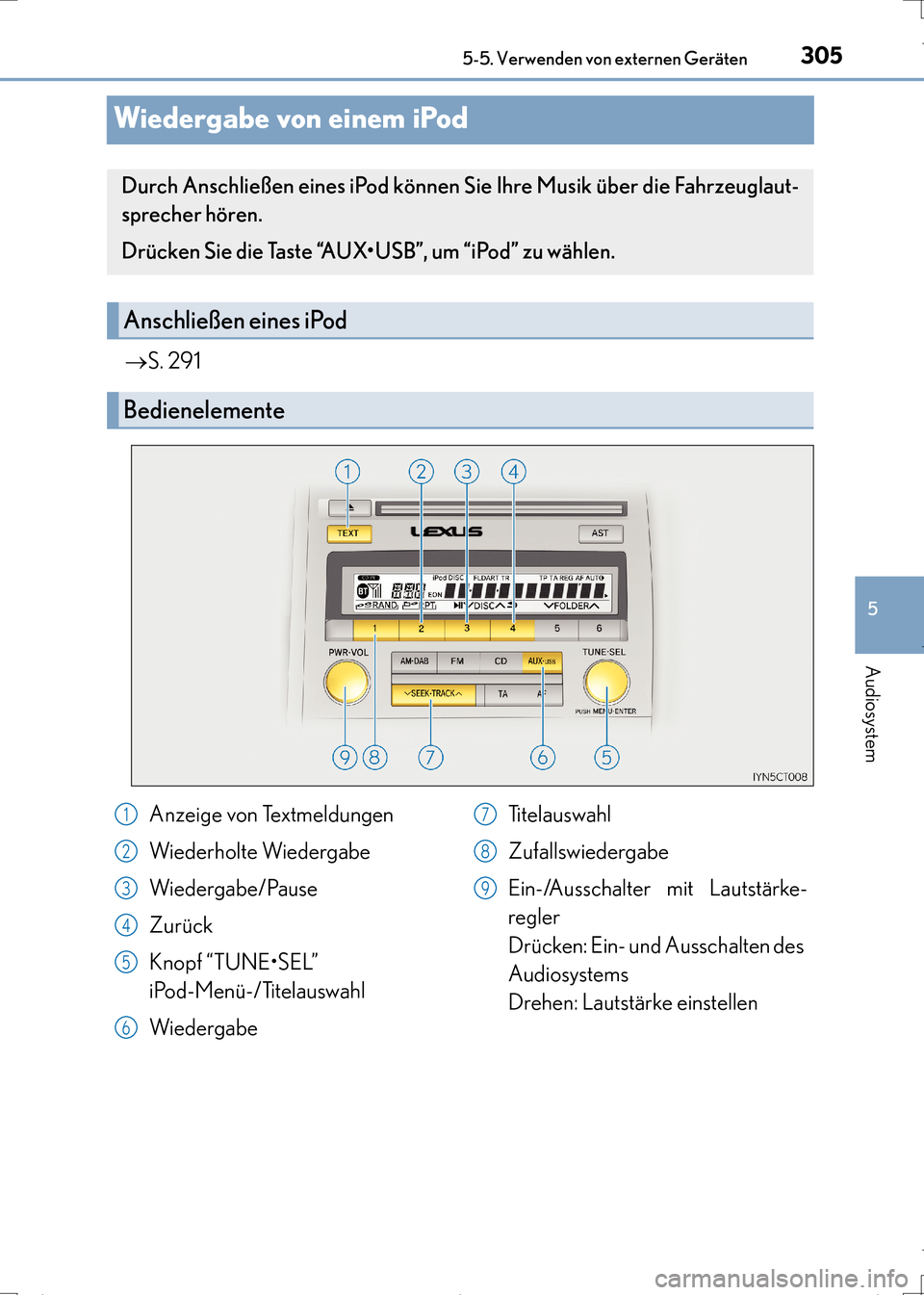 Lexus CT200h 2017  Betriebsanleitung (in German) 305
5
5-5. Verwenden von externen Geräten
Audiosystem
CT200h_OM_OM99N09M_(EM)
Wiedergabe von einem iPod
→
S. 291
Durch Anschließen eines iPod können Sie Ihre Musik über die Fahrzeuglaut-
spreche