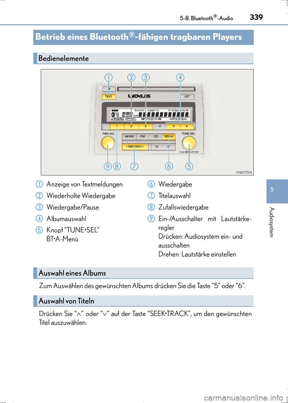 Lexus CT200h 2017  Betriebsanleitung (in German) 339
5
5-8. Bluetooth
®-Audio
Audiosystem
CT200h_OM_OM99N09M_(EM)
Betrieb eines Bluetooth®-fähigen tragbaren Players
Zum Auswählen des gewünschten Albums drücken Sie die Taste “5” oder “6�