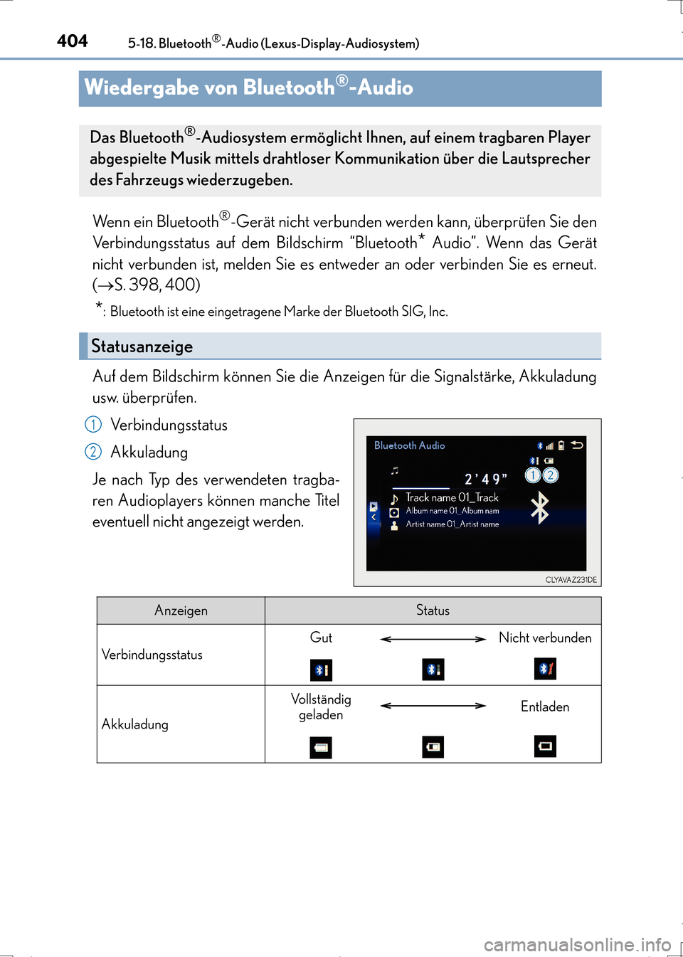 Lexus CT200h 2017  Betriebsanleitung (in German) 4045-18. Bluetooth®-Audio (Lexus-Display-Audiosystem)
CT200h_OM_OM99N09M_(EM)
Wiedergabe von Bluetooth®-Audio
Wenn ein Bluetooth®-Gerät nicht verbunden werden kann, überprüfen Sie den
Verbindung