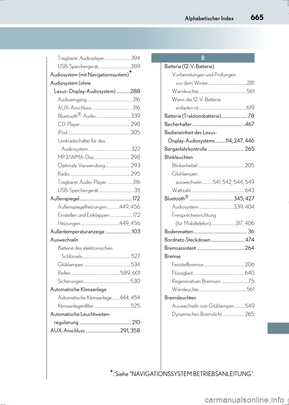 Lexus CT200h 2017  Betriebsanleitung (in German) 665Alphabetischer Index
CT200h_OM_OM99N09M_(EM)
Tragbarer Audioplayer............................ 394
USB-Speichergerät...................................389
Audiosystem (mit Navigationssystem)
*
Aud