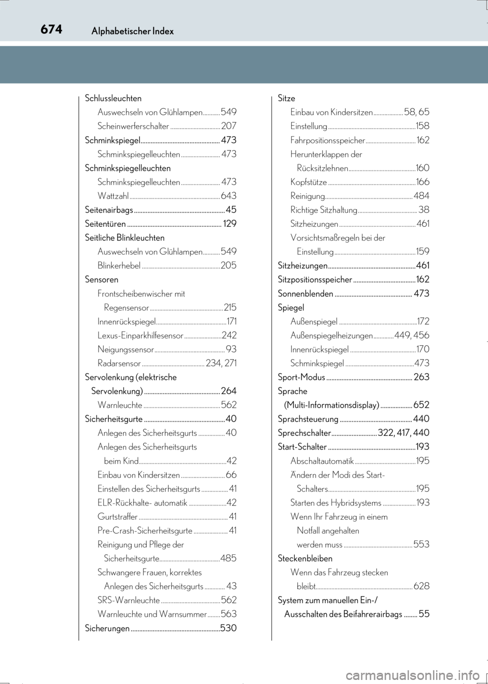 Lexus CT200h 2017  Betriebsanleitung (in German) 674Alphabetischer Index
CT200h_OM_OM99N09M_(EM)
SchlussleuchtenAuswechseln von Glühlampen........... 549
Scheinwerferschalter ................................ 207
Schminkspiegel......................