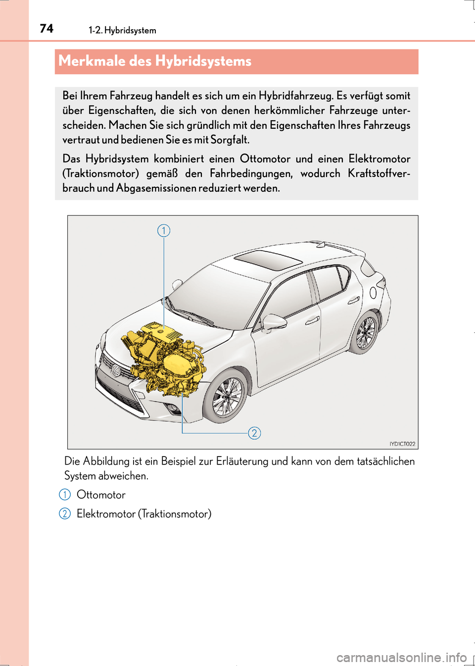 Lexus CT200h 2017 Betriebsanleitung (in German) 741-2. Hybridsystem
CT200h_OM_OM99N09M_(EM)
Merkmale des Hybridsystems
Die Abbildung ist ein Beispiel zur Erläuterung und kann von dem tatsächlichen
System abweichen.Ottomotor
Elektromotor (Traktion Lexus CT200h 2017 Betriebsanleitung (in German) 741-2. Hybridsystem
CT200h_OM_OM99N09M_(EM)
Merkmale des Hybridsystems
Die Abbildung ist ein Beispiel zur Erläuterung und kann von dem tatsächlichen
System abweichen.Ottomotor
Elektromotor (Traktion