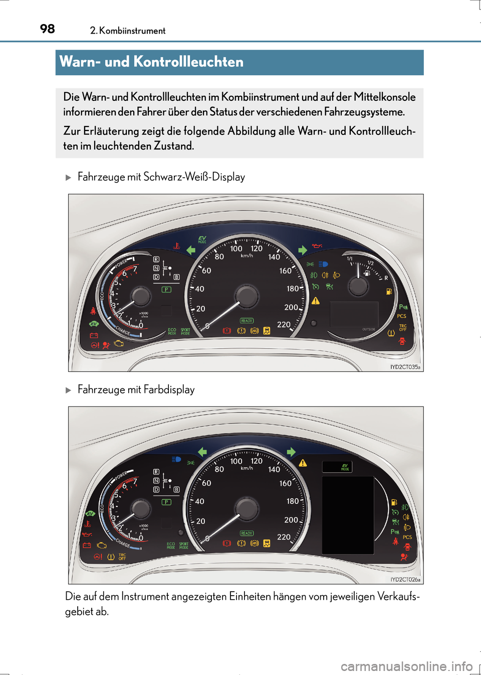 Lexus CT200h 2017  Betriebsanleitung (in German) 982. Kombiinstrument
CT200h_OM_OM99N09M_(EM)
Warn- und Kontrollleuchten
�XFahrzeuge mit Schwarz-Weiß-Display
�XFahrzeuge mit Farbdisplay
Die auf dem Instrument angezeigten Einheiten hängen vom jewei