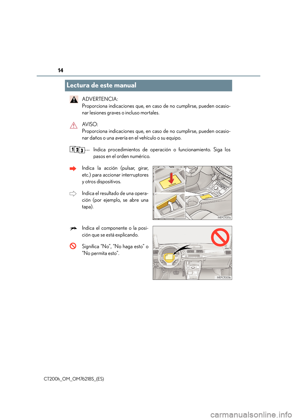 Lexus CT200h 2017 Manual del propietario (in Spanish) 14
CT200h_OM_OM76218S_(ES)
Lectura de este manual
ADVERTENCIA:
Proporciona indicaciones que, en caso de no cumplirse, pueden ocasio-
nar lesiones graves o incluso mortales.
AV I S O :
Proporciona i Lexus CT200h 2017 Manual del propietario (in Spanish) 14
CT200h_OM_OM76218S_(ES)
Lectura de este manual
ADVERTENCIA:
Proporciona indicaciones que, en caso de no cumplirse, pueden ocasio-
nar lesiones graves o incluso mortales.
AV I S O :
Proporciona i
