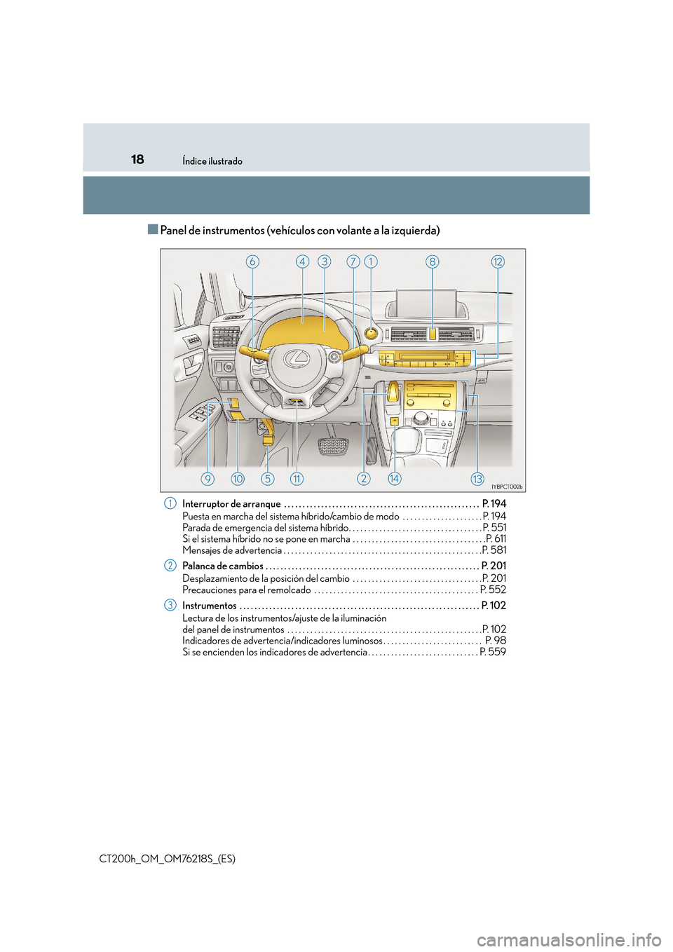 Lexus CT200h 2017  Manual del propietario (in Spanish) 18Índice ilustrado
CT200h_OM_OM76218S_(ES)
■Panel de instrumentos (vehículos con volante a la izquierda)
Interruptor de arranque  . . . . . . . . . . . . . . . . . . . . . . . . . . . . . . . . . 