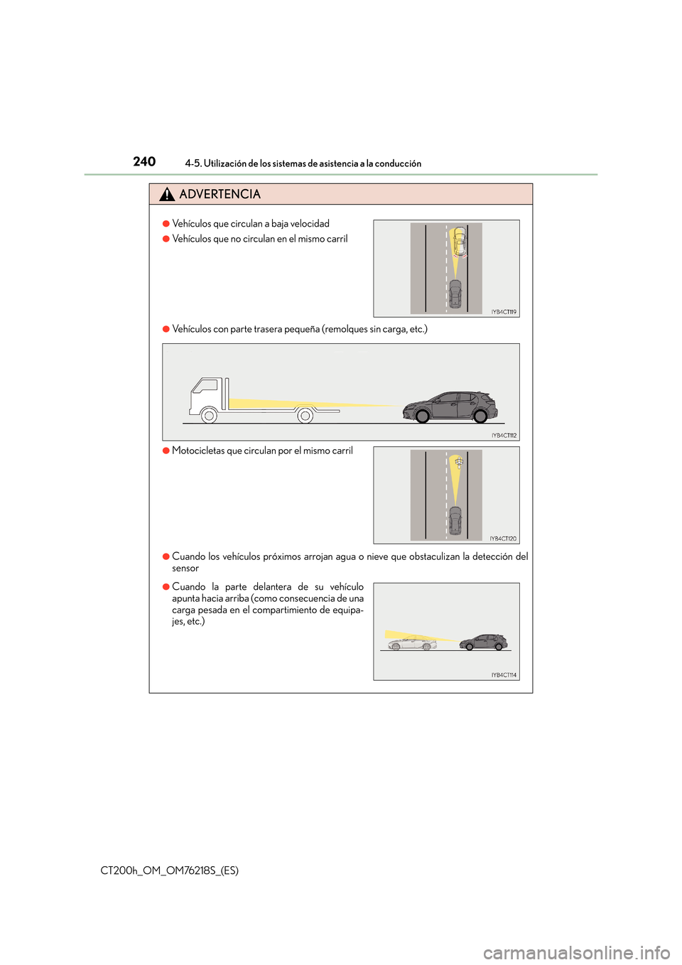 Lexus CT200h 2017  Manual del propietario (in Spanish) 2404-5. Utilización de los sistemas de asistencia a la conducción
CT200h_OM_OM76218S_(ES)
ADVERTENCIA
●Vehículos con parte trasera pequeña (remolques sin carga, etc.)
●Cuando los vehículos pr