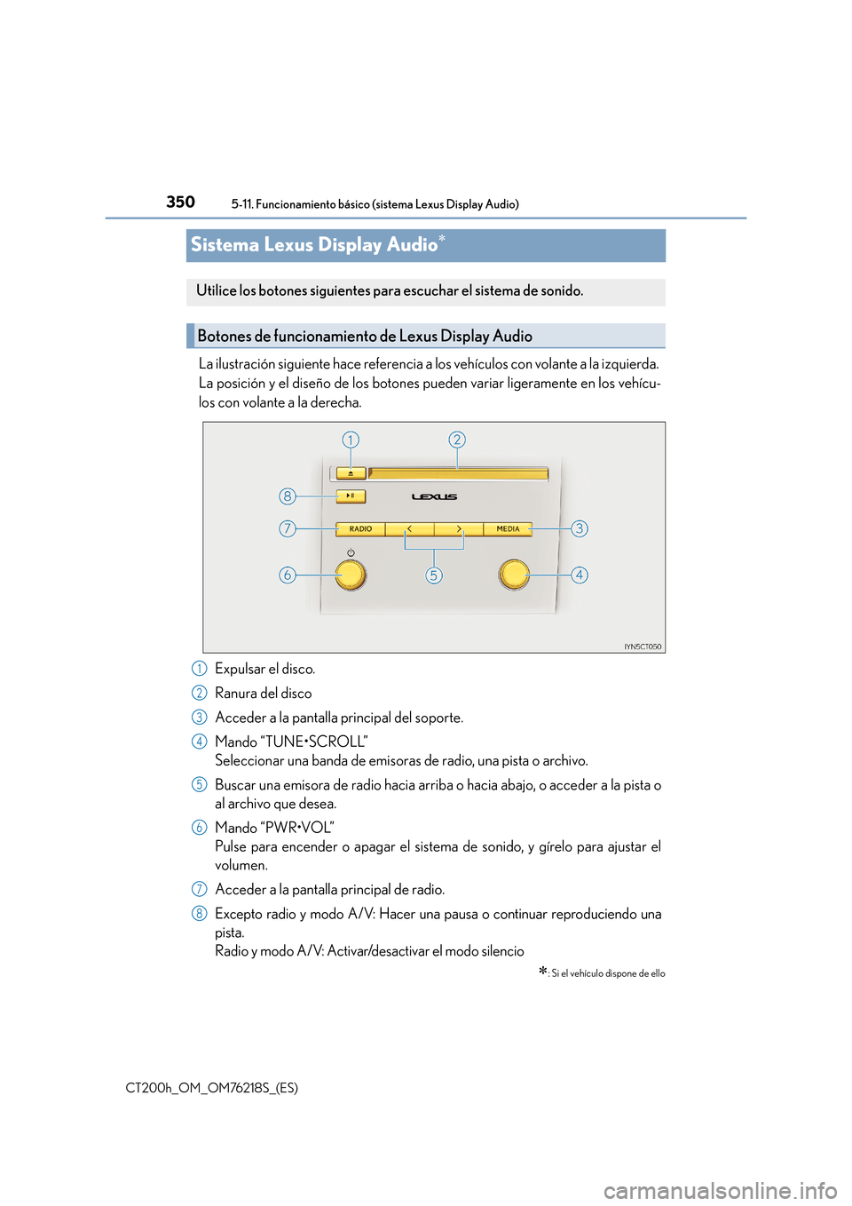 Lexus CT200h 2017  Manual del propietario (in Spanish) 3505-11. Funcionamiento básico (sistema Lexus Display Audio)
CT200h_OM_OM76218S_(ES)
Sistema Lexus Display Audio∗
La ilustración siguiente hace referencia a los vehículos con volante a la izquier