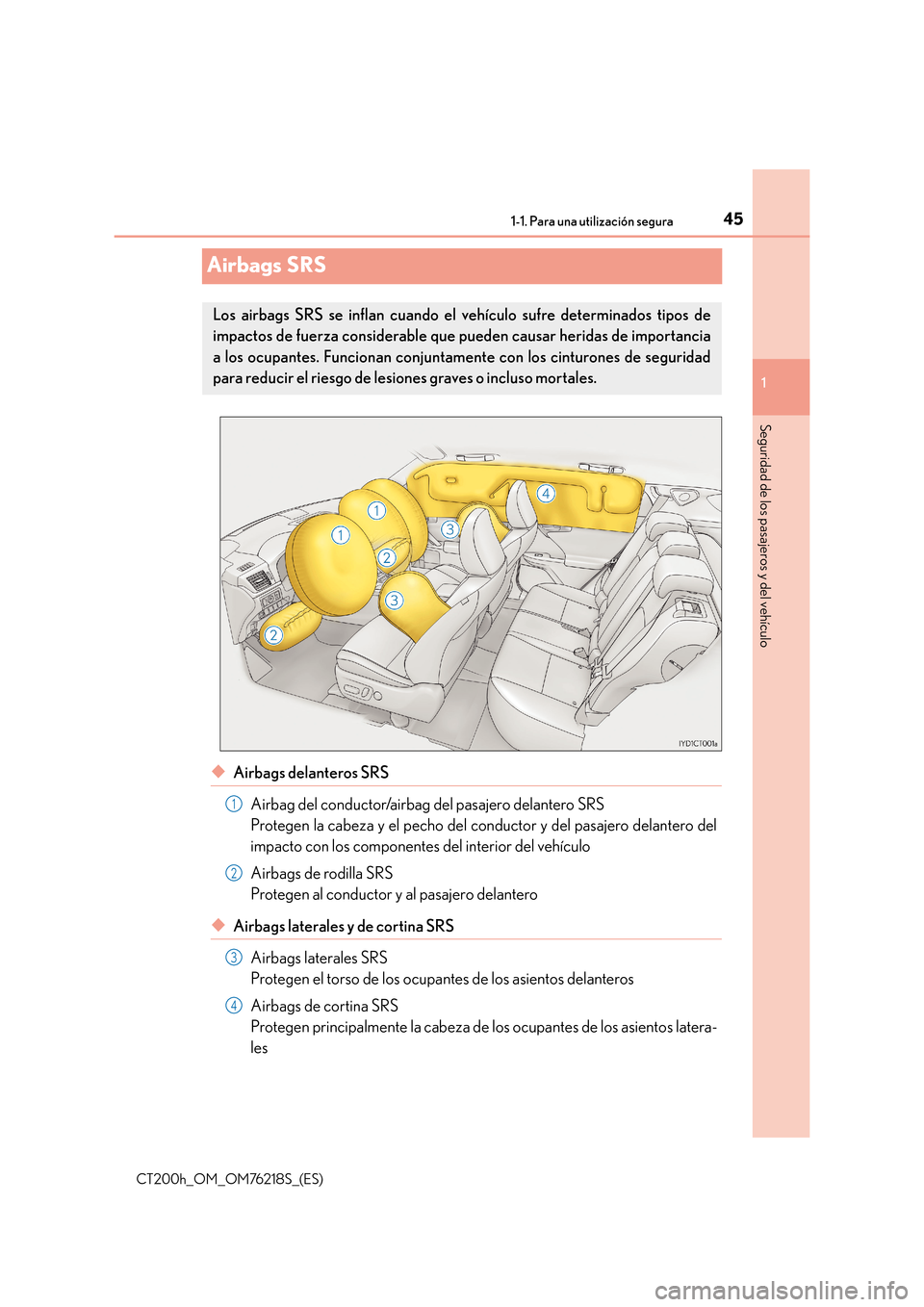 Lexus CT200h 2017  Manual del propietario (in Spanish) 451-1. Para una utilización segura
1
Seguridad de los pasajeros y del vehículo
CT200h_OM_OM76218S_(ES)
Airbags SRS
◆Airbags delanteros SRSAirbag del conductor/airbag del pasajero delantero SRS 
Pr