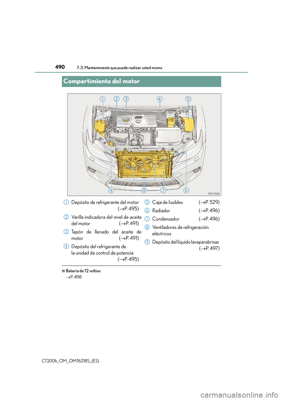 Lexus CT200h 2017  Manual del propietario (in Spanish) 4907-3. Mantenimiento que puede realizar usted mismo
CT200h_OM_OM76218S_(ES)
Compartimiento del motor
■Batería de 12 voltios
→P.  4 9 8
Depósito de refrigerante del motor 
(→ P.  4 9 5 )
Varil