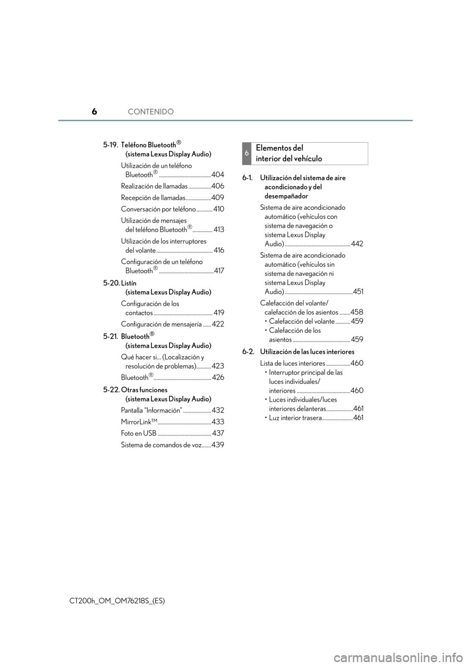 Lexus CT200h 2017  Manual del propietario (in Spanish) CONTENIDO6
CT200h_OM_OM76218S_(ES)5-19. Teléfono Bluetooth
® 
(sistema Lexus Display Audio)
Utilización de un teléfono  Bluetooth
®.......................................404
Realización de llama