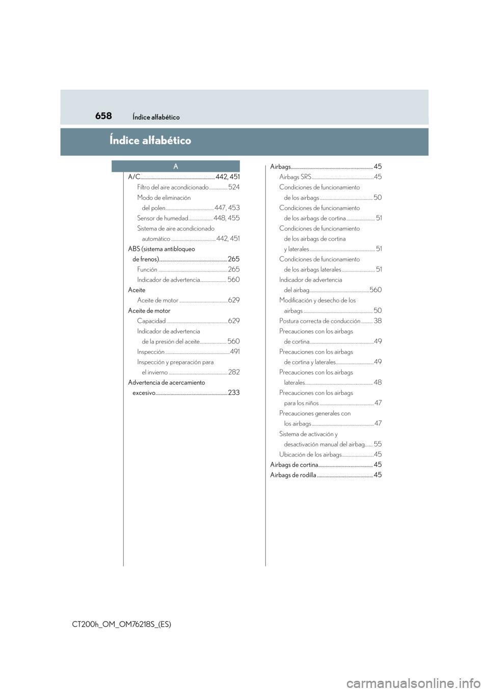 Lexus CT200h 2017  Manual del propietario (in Spanish) 658Índice alfabético
CT200h_OM_OM76218S_(ES)
Índice alfabético
A/C............................................................ 442, 451Filtro del aire acondicionado ................ 524
Modo de el