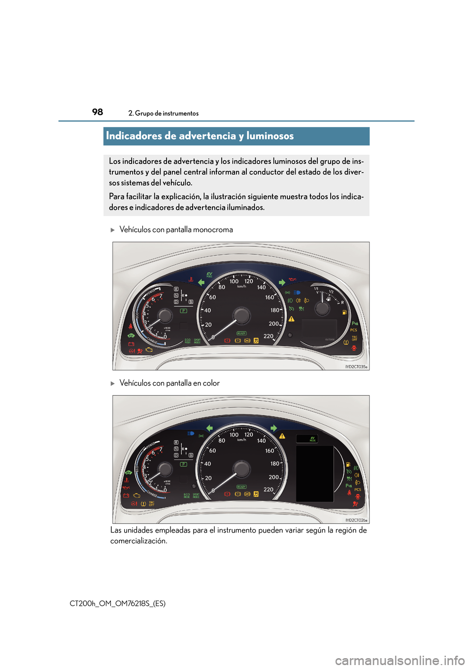 Lexus CT200h 2017  Manual del propietario (in Spanish) 982. Grupo de instrumentos
CT200h_OM_OM76218S_(ES)
Indicadores de advertencia y luminosos
�XVehículos con pantalla monocroma
�XVehículos con pantalla en color
Las unidades empleadas para el instrume