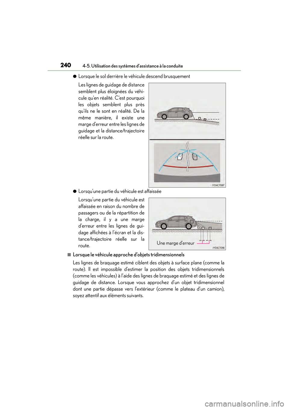Lexus CT200h 2017  Manuel du propriétaire (in French) 240
CT200h_OM_OM76215D_(D)4-5. Utilisation des systèmes d’assistance à la conduite
●Lorsque le sol derrière le véhicule descend brusquement
Les lignes de guidage de distance
semblent plus élo