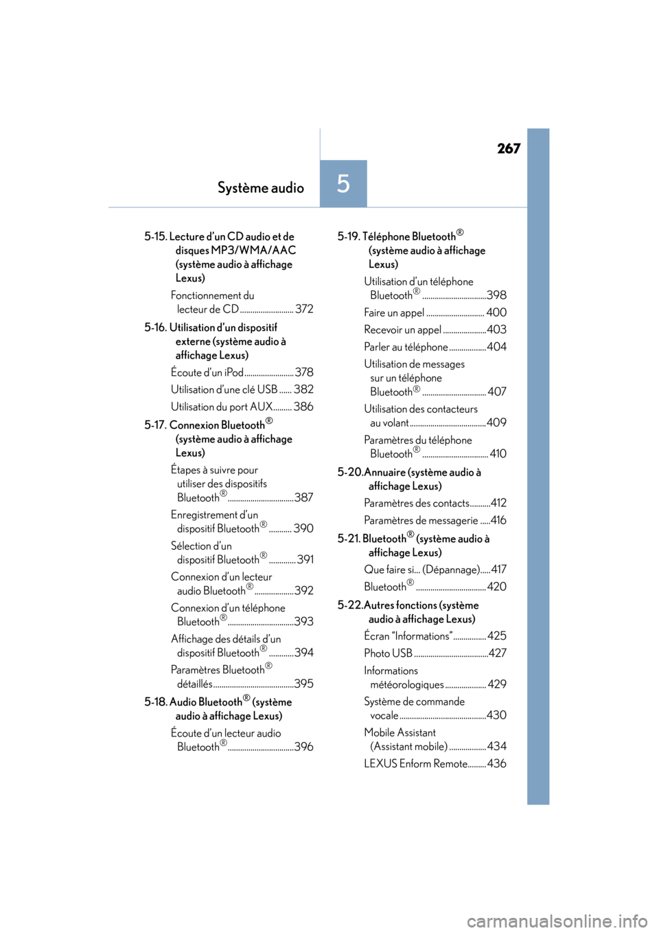 Lexus CT200h 2017  Manuel du propriétaire (in French) 267
CT200h_OM_OM76215D_(D)
Système audio5
5-15. Lecture d’un CD audio et de disques MP3/WMA/AAC 
(système audio à affichage 
Lexus)
Fonctionnement du  lecteur de CD .......................... 372