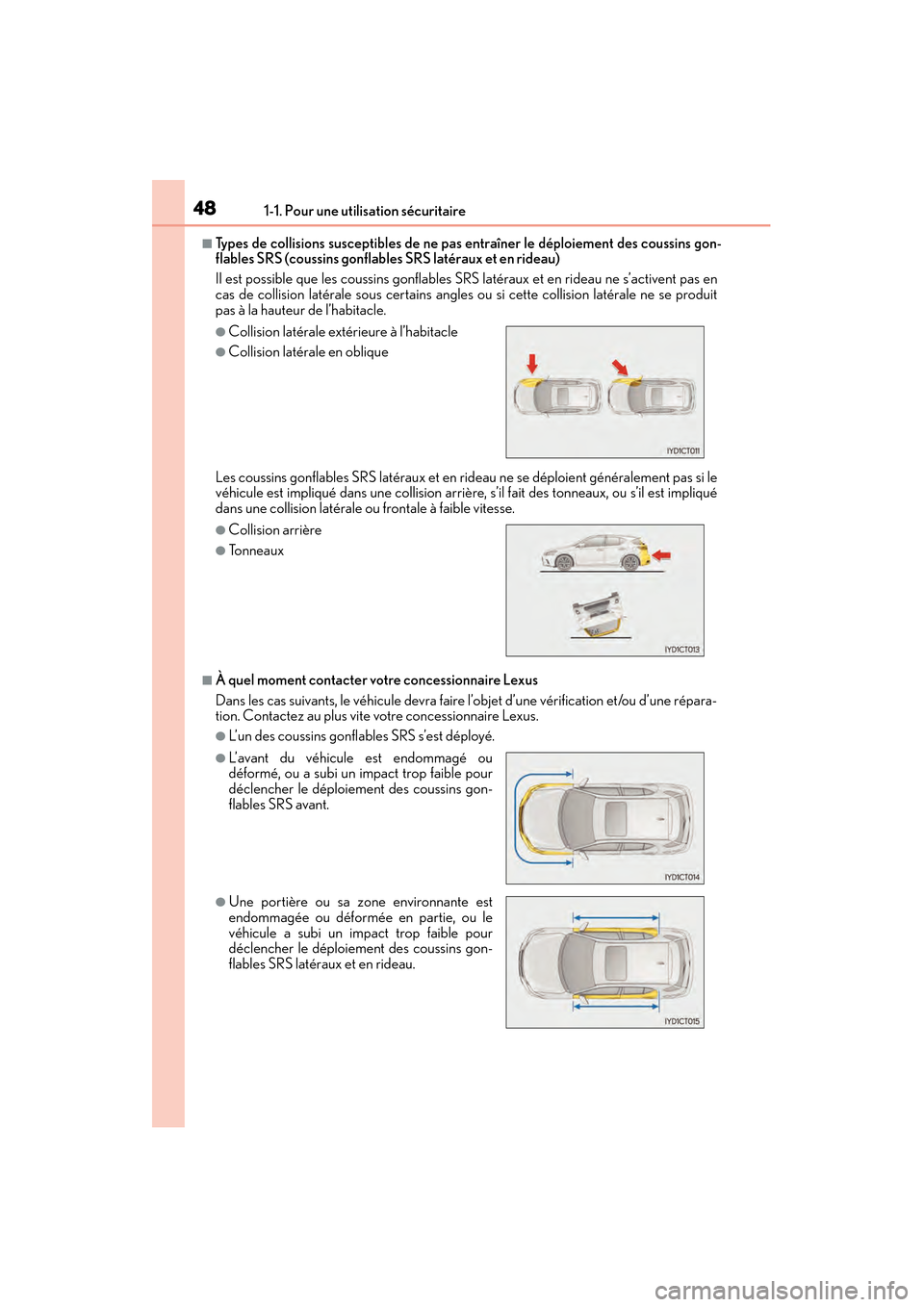 Lexus CT200h 2017 Manuel du propriétaire (in French) 481-1. Pour une utilisation sécuritaire
CT200h_OM_OM76215D_(D)
■Types de collisions susceptibles de ne pas entraîner le déploiement des coussins gon-
flables SRS (coussins gonflables SRS latérau Lexus CT200h 2017 Manuel du propriétaire (in French) 481-1. Pour une utilisation sécuritaire
CT200h_OM_OM76215D_(D)
■Types de collisions susceptibles de ne pas entraîner le déploiement des coussins gon-
flables SRS (coussins gonflables SRS latérau