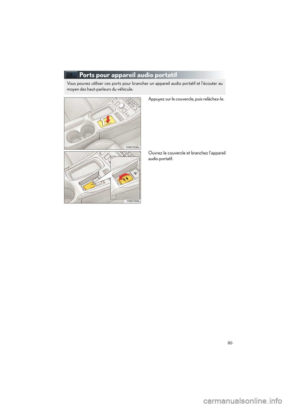 Lexus CT200h 2017  Guide rapide du manuel du propriétaire (in French) 80
CT200h_QG_OM76225D_(D)
Ports pour appareil audio portatif
Appuyez sur le couvercle, puis relâchez-le.
Ouvrez le couvercle et branchez l’appareil
audio portatif.
Vous pouvez utiliser ces ports po