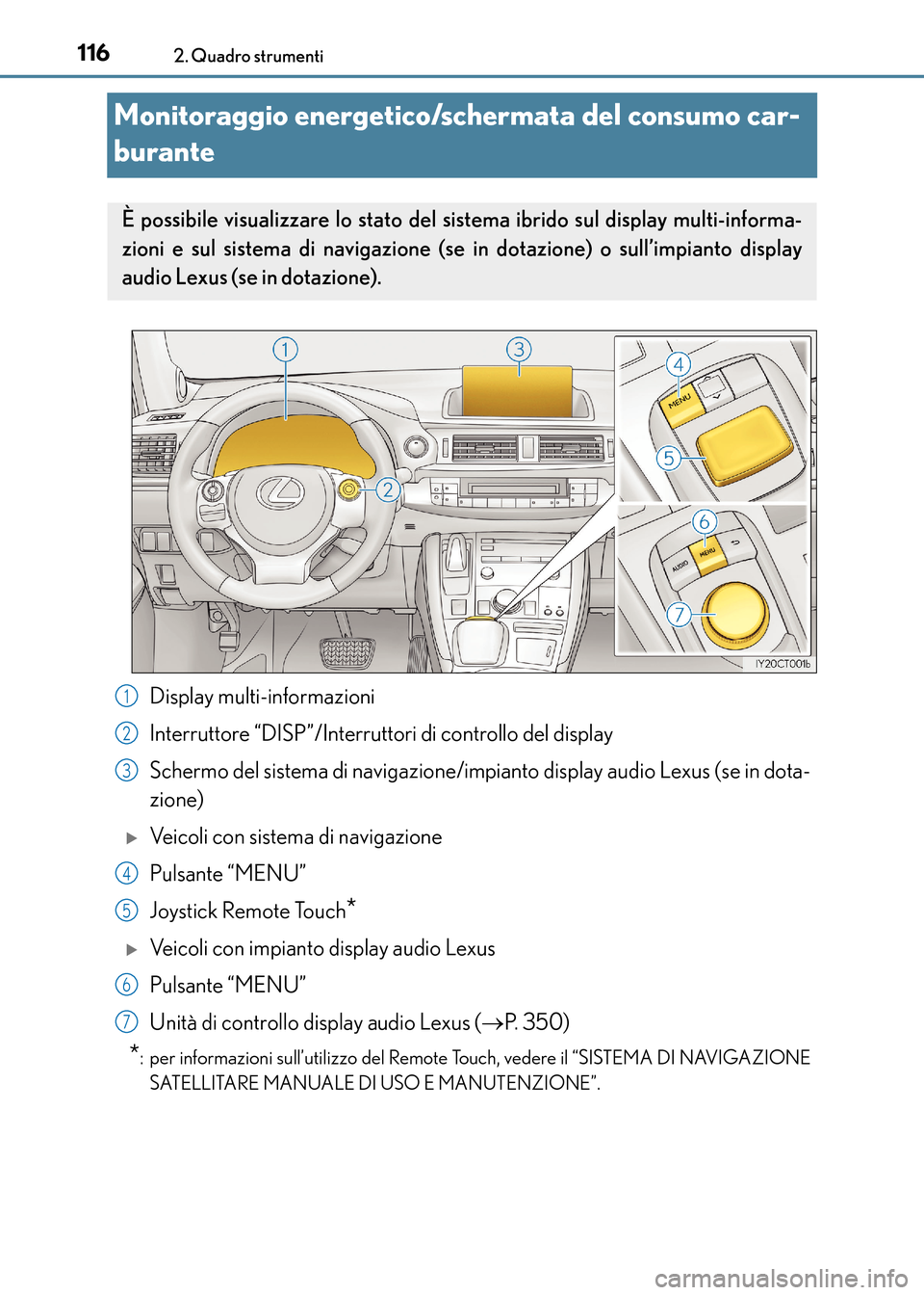 Lexus CT200h 2017  Manuale del proprietario (in Italian) 1162. Quadro strumenti
CT200h_OM_OM99N10L_(EL)
Monitoraggio energetico/schermata del consumo car-
burante
Display multi-informazioni
Interruttore “DISP”/Interruttori di controllo del display
Scher