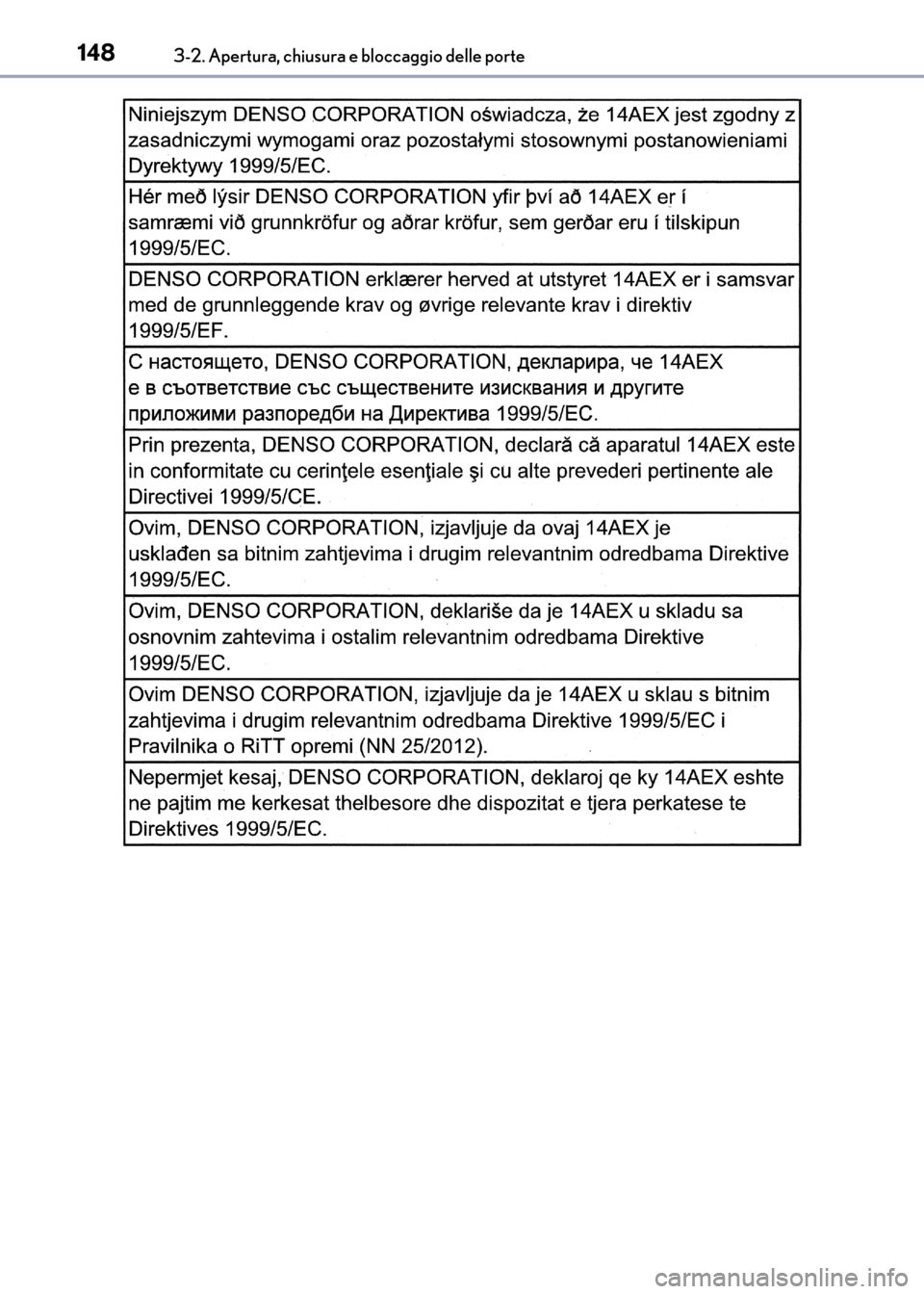 Lexus CT200h 2017 Manuale del proprietario (in Italian) 1483-2. Apertura, chiusura e bloccaggio delle porte
CT200h_OM_OM99N10L_(EL)
CT200h_OM_OM99N10L_(EL).book Page 148 Thursday, April 14, 2016 9:14 AM Lexus CT200h 2017 Manuale del proprietario (in Italian) 1483-2. Apertura, chiusura e bloccaggio delle porte
CT200h_OM_OM99N10L_(EL)
CT200h_OM_OM99N10L_(EL).book Page 148 Thursday, April 14, 2016 9:14 AM