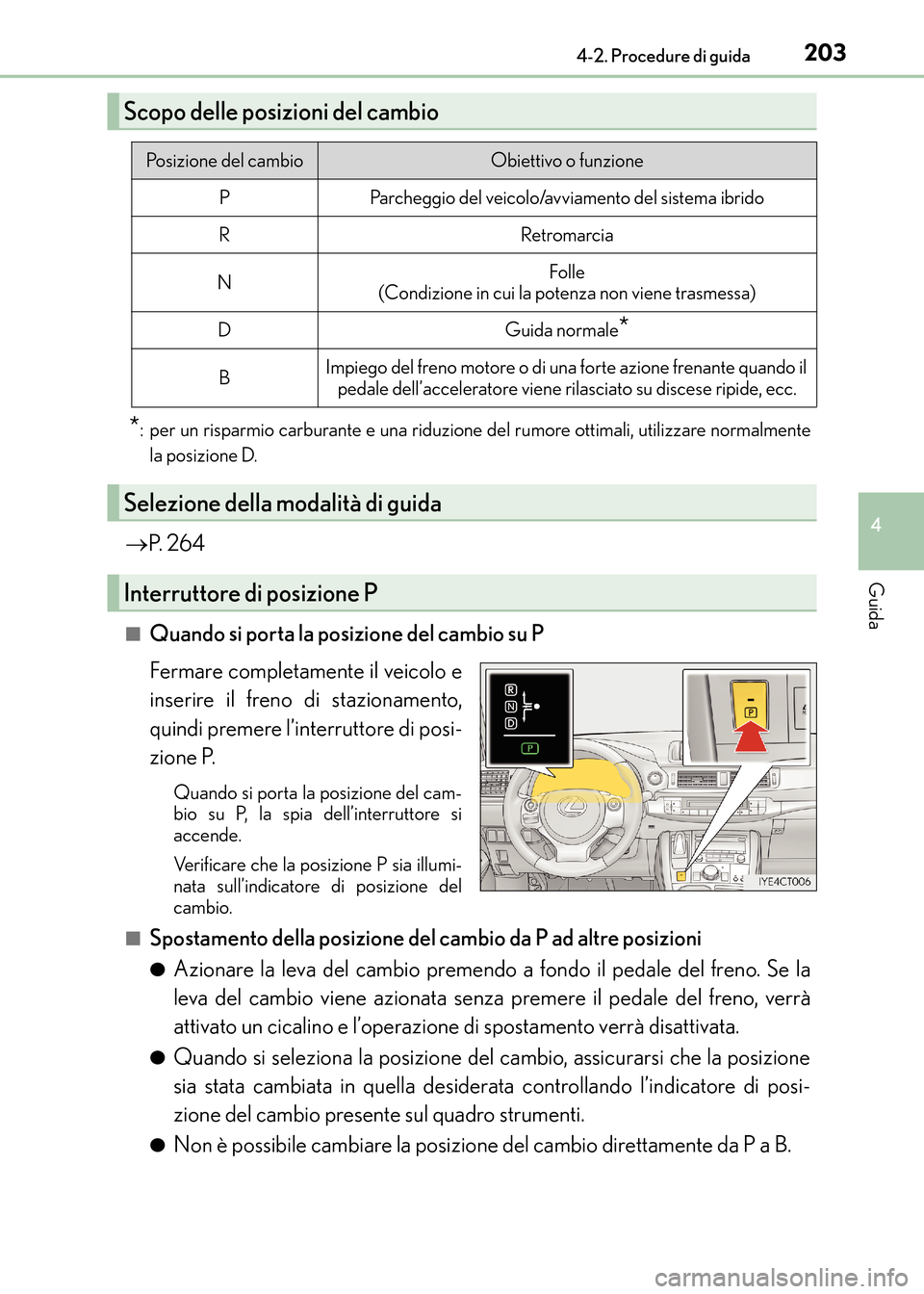 Lexus CT200h 2017 Manuale del proprietario (in Italian) 2034-2. Procedure di guida
4
Guida
CT200h_OM_OM99N10L_(EL)
*: per un risparmio carburante e una riduzione del rumore ottimali, utilizzare normalmentela posizione D.
→ P. 2 6 4
■Quando si porta la Lexus CT200h 2017 Manuale del proprietario (in Italian) 2034-2. Procedure di guida
4
Guida
CT200h_OM_OM99N10L_(EL)
*: per un risparmio carburante e una riduzione del rumore ottimali, utilizzare normalmentela posizione D.
→ P. 2 6 4
■Quando si porta la