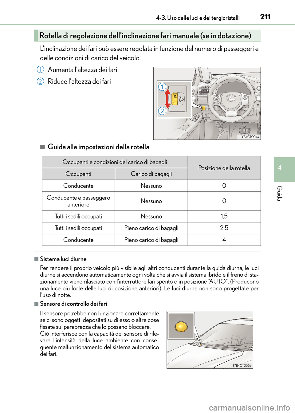 Lexus CT200h 2017  Manuale del proprietario (in Italian) 2114-3. Uso delle luci e dei tergicristalli
4
Guida
CT200h_OM_OM99N10L_(EL)
L’inclinazione dei fari può essere regolata in funzione del numero di passeggeri e
delle condizioni di carico del veicolo