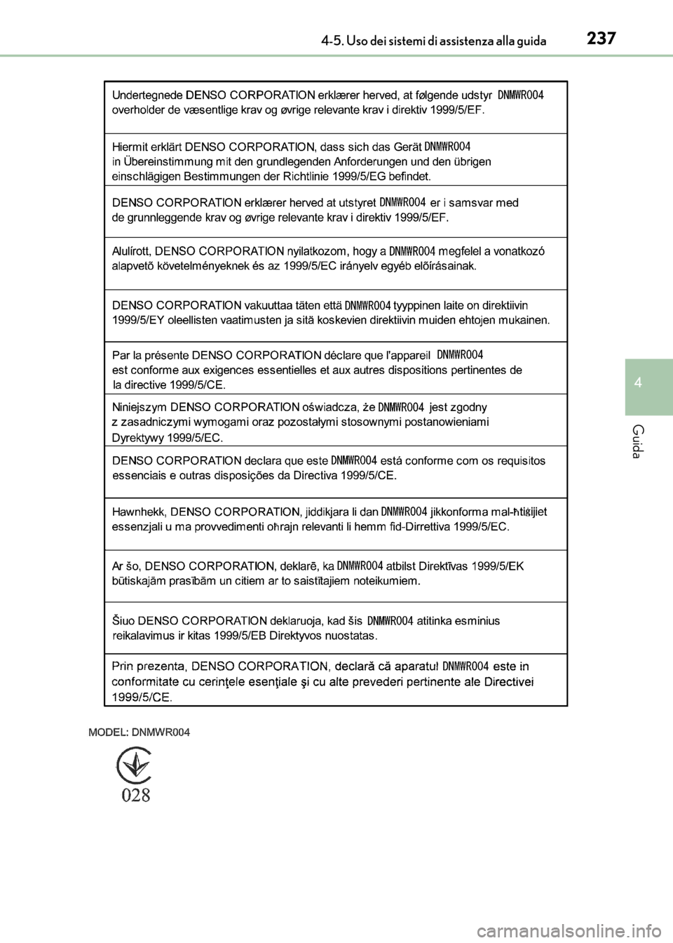 Lexus CT200h 2017  Manuale del proprietario (in Italian) 2374-5. Uso dei sistemi di assistenza alla guida
4
Guida
CT200h_OM_OM99N10L_(EL)
CT200h_OM_OM99N10L_(EL).book  Page 237  Thursday, April 14, 2016  9:14 AM 