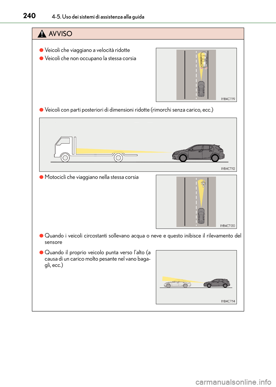 Lexus CT200h 2017  Manuale del proprietario (in Italian) 2404-5. Uso dei sistemi di assistenza alla guida
CT200h_OM_OM99N10L_(EL)
AVVISO
●Veicoli con parti posteriori di dimensioni ridotte (rimorchi senza carico, ecc.)
●Quando i veicoli circostanti soll