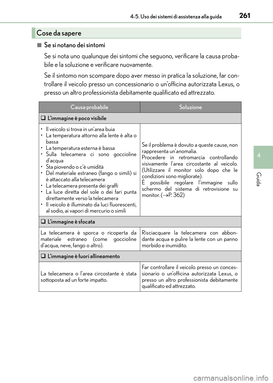 Lexus CT200h 2017  Manuale del proprietario (in Italian) 2614-5. Uso dei sistemi di assistenza alla guida
4
Guida
CT200h_OM_OM99N10L_(EL)■
Se si notano dei sintomi
Se si nota uno qualunque dei sintomi ch
e seguono, verificare la causa proba-
bile e la sol
