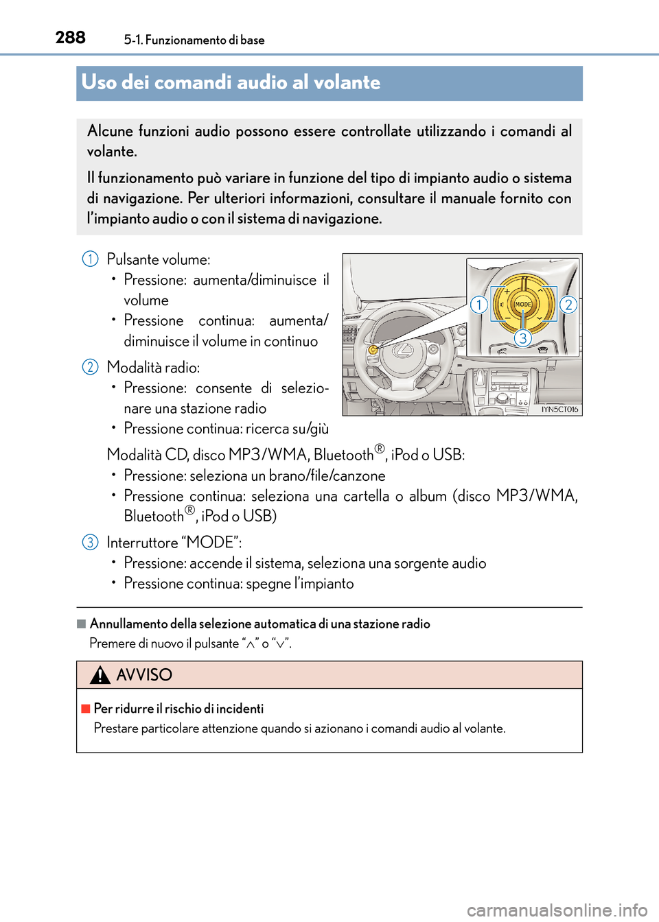 Lexus CT200h 2017  Manuale del proprietario (in Italian) 2885-1. Funzionamento di base
CT200h_OM_OM99N10L_(EL)
Uso dei comandi audio al volante
Pulsante volume:• Pressione: aumenta/diminuisce il
volume
• Pressione continua: aumenta/
diminuisce il volume