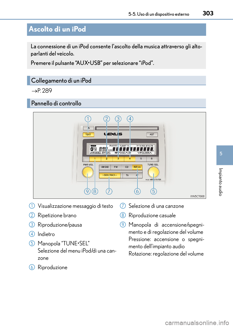 Lexus CT200h 2017  Manuale del proprietario (in Italian) 303
5
5-5. Uso di un dispositivo esterno
Impianto audio
CT200h_OM_OM99N10L_(EL)
Ascolto di un iPod
→
P.  2 8 9
La connessione di un iPod consente l’ascolto della musica attraverso gli alto-
parlan