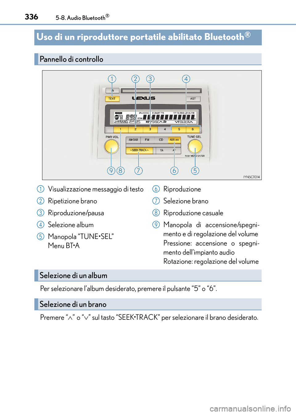 Lexus CT200h 2017 Manuale del proprietario (in Italian) 3365-8. Audio Bluetooth®
CT200h_OM_OM99N10L_(EL)
Uso di un riproduttore portatile abilitato Bluetooth®
Per selezionare l’album desiderato, premere il pulsante “5” o “6”.
Premere “∧” Lexus CT200h 2017 Manuale del proprietario (in Italian) 3365-8. Audio Bluetooth®
CT200h_OM_OM99N10L_(EL)
Uso di un riproduttore portatile abilitato Bluetooth®
Per selezionare l’album desiderato, premere il pulsante “5” o “6”.
Premere “∧”