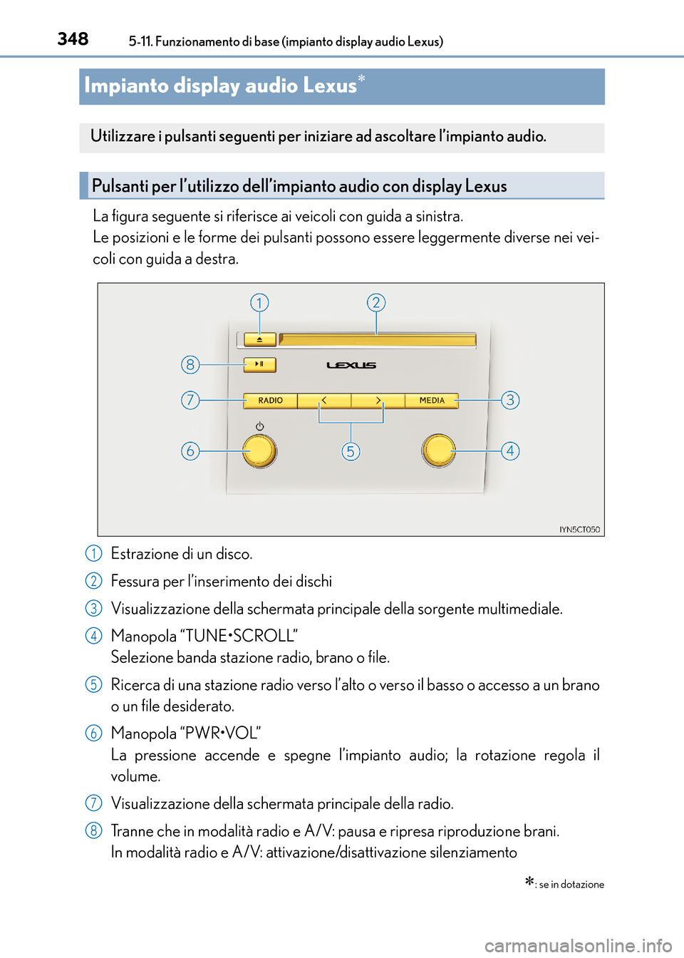 Lexus CT200h 2017  Manuale del proprietario (in Italian) 3485-11. Funzionamento di base (impianto display audio Lexus)
CT200h_OM_OM99N10L_(EL)
Impianto display audio Lexus∗
La figura seguente si riferisce ai veicoli con guida a sinistra. 
Le posizioni e l