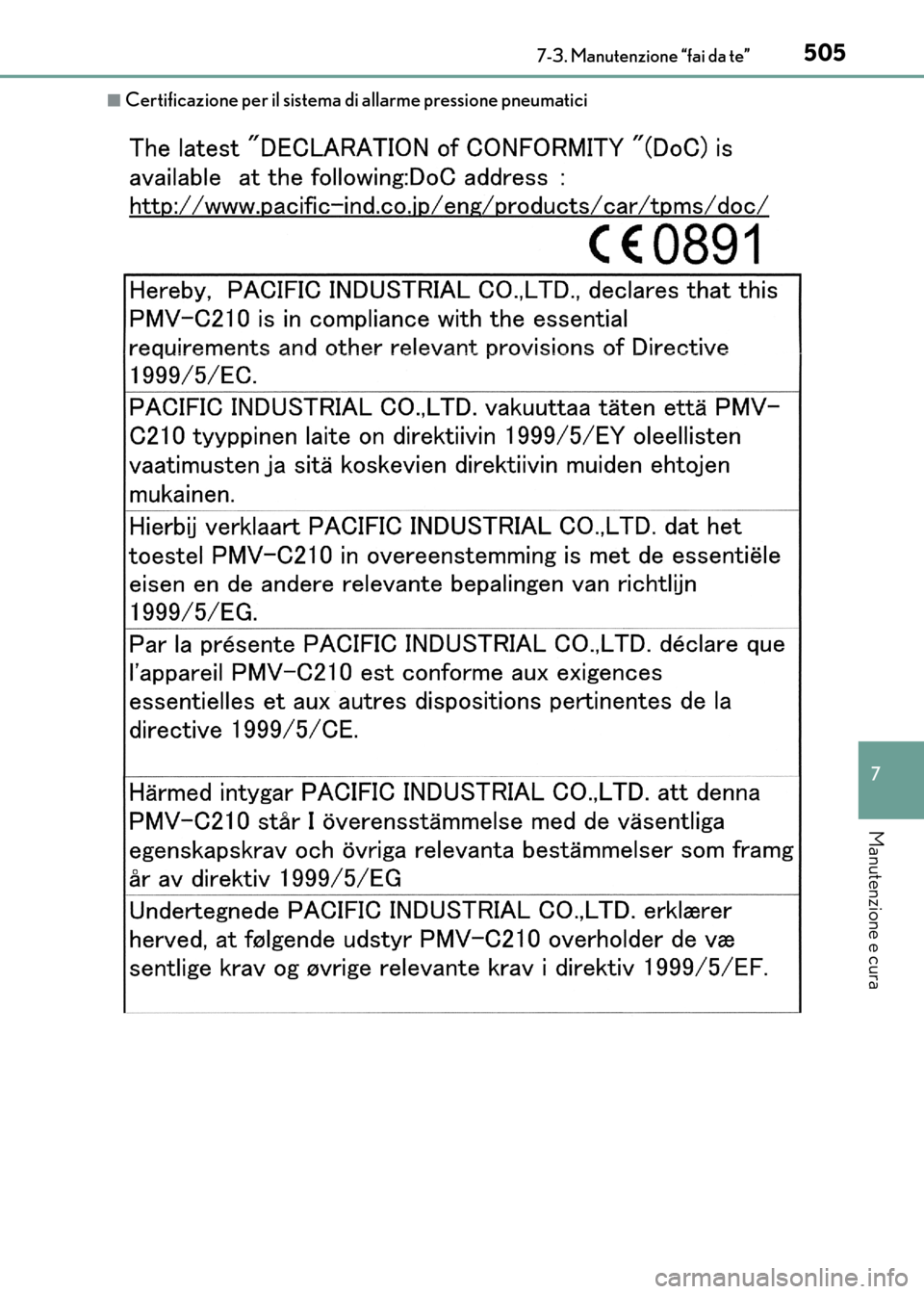 Lexus CT200h 2017  Manuale del proprietario (in Italian) 5057-3. Manutenzione “fai da te”
CT200h_OM_OM99N10L_(EL)
7
Manutenzione e cura
■Certificazione per il sistema di allarme pressione pneumatici
CT200h_OM_OM99N10L_(EL).book  Page 505  Thursday, Ap