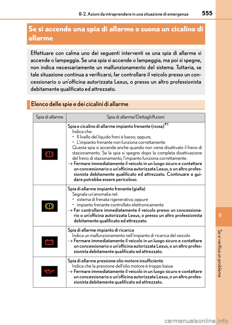 Lexus CT200h 2017  Manuale del proprietario (in Italian) 5558-2. Azioni da intraprendere in una situazione di emergenza
CT200h_OM_OM99N10L_(EL)
8
Se si verifica un problema
Se si accende una spia di allarme o suona un cicalino di 
allarme
Effettuare con cal