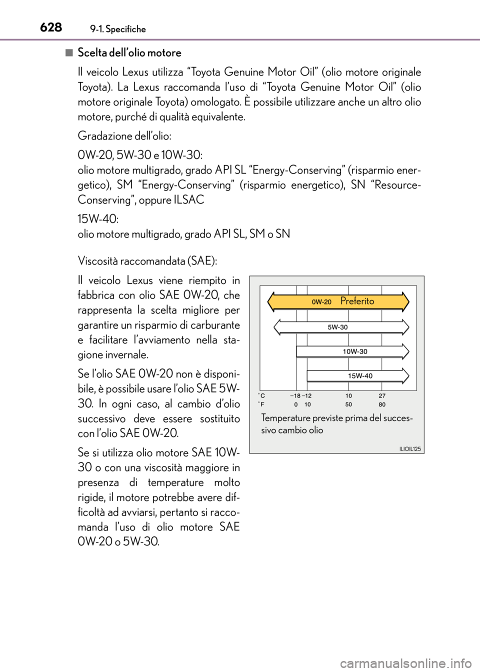 Lexus CT200h 2017  Manuale del proprietario (in Italian) 6289-1. Specifiche
CT200h_OM_OM99N10L_(EL)■
Scelta dell’olio motore
Il veicolo Lexus utilizza “Toyota Genuine Motor Oil” (olio motore originale
Toyota). La Lexus raccomanda l’uso di “Toyot