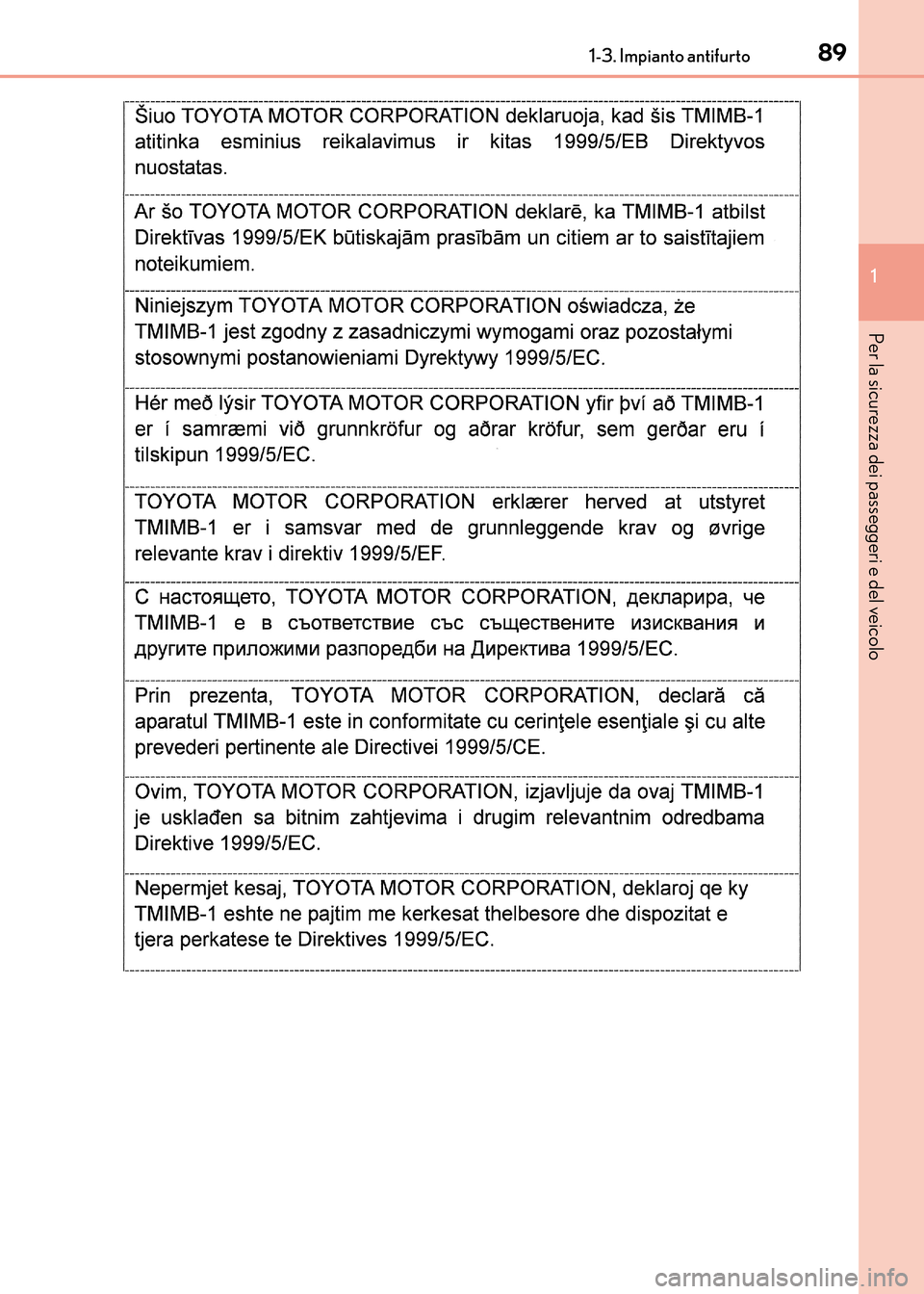 Lexus CT200h 2017 Manuale del proprietario (in Italian) 891-3. Impianto antifurto
1
CT200h_OM_OM99N10L_(EL)
Per la sicurezza dei passeggeri e del veicolo
CT200h_OM_OM99N10L_(EL).book Page 89 Thursday, April 14, 2016 9:14 AM Lexus CT200h 2017 Manuale del proprietario (in Italian) 891-3. Impianto antifurto
1
CT200h_OM_OM99N10L_(EL)
Per la sicurezza dei passeggeri e del veicolo
CT200h_OM_OM99N10L_(EL).book Page 89 Thursday, April 14, 2016 9:14 AM