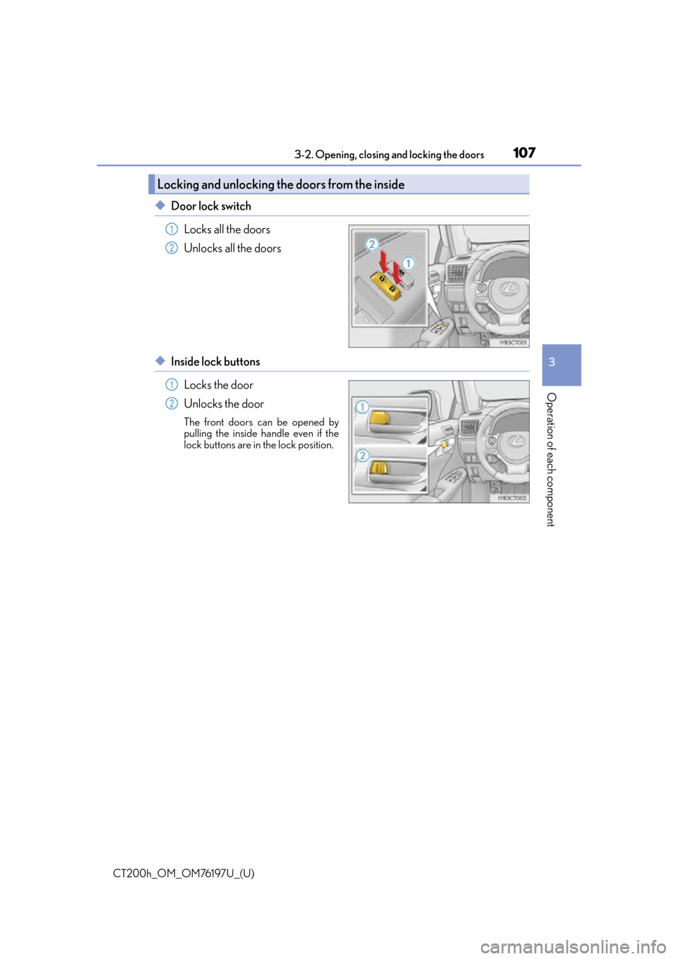 Lexus CT200h 2016  Owners Manual (in English) CT200h_OM_OM76197U_(U)
1073-2. Opening, closing and locking the doors
3
Operation of each component
◆Door lock switch
Locks all the doors
Unlocks all the doors
◆Inside lock buttonsLocks the door
U