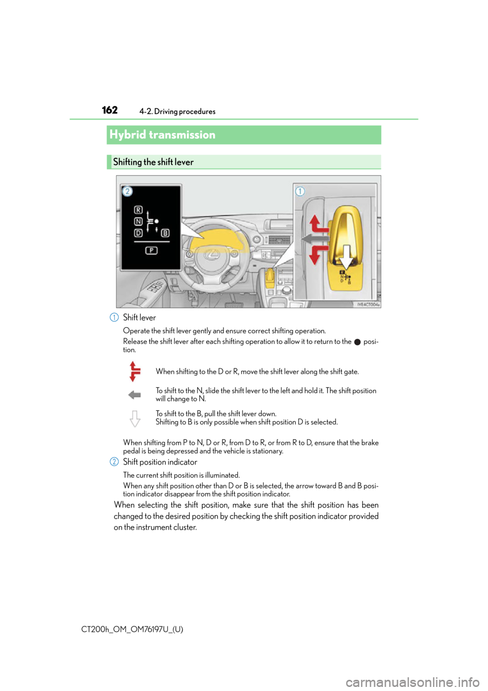 Lexus CT200h 2016   (in English) User Guide 162
CT200h_OM_OM76197U_(U)4-2. Driving procedures
Hybrid transmission
Shift lever
Operate the shift lever gently and ensure correct shifting operation.
Release the shift lever after each shifting oper