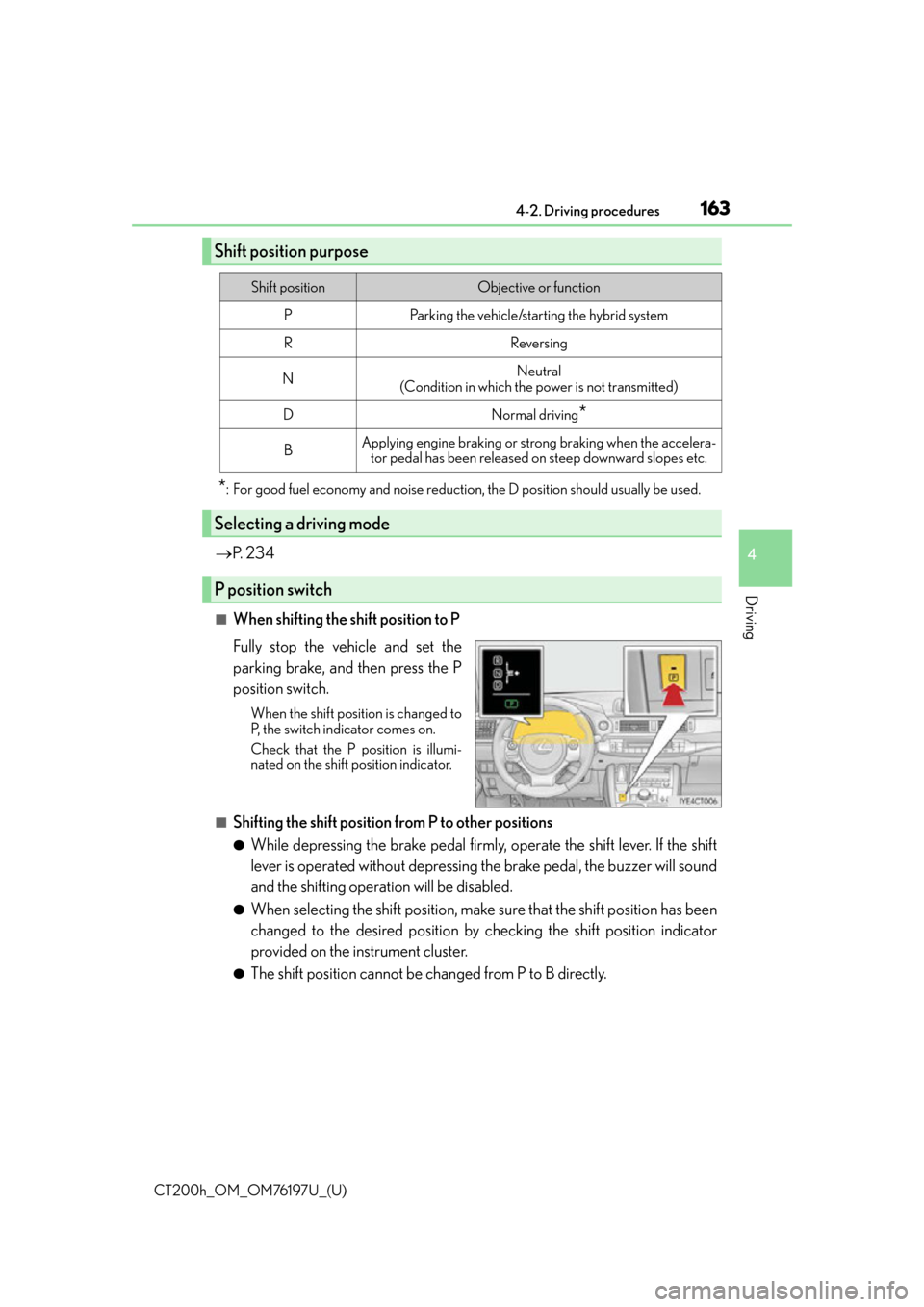 Lexus CT200h 2016   (in English) User Guide CT200h_OM_OM76197U_(U)
1634-2. Driving procedures
4
Driving
*: For good fuel economy and noise reduction, the D position should usually be used.
P.  2 3 4
■When shifting the shift position to P
F