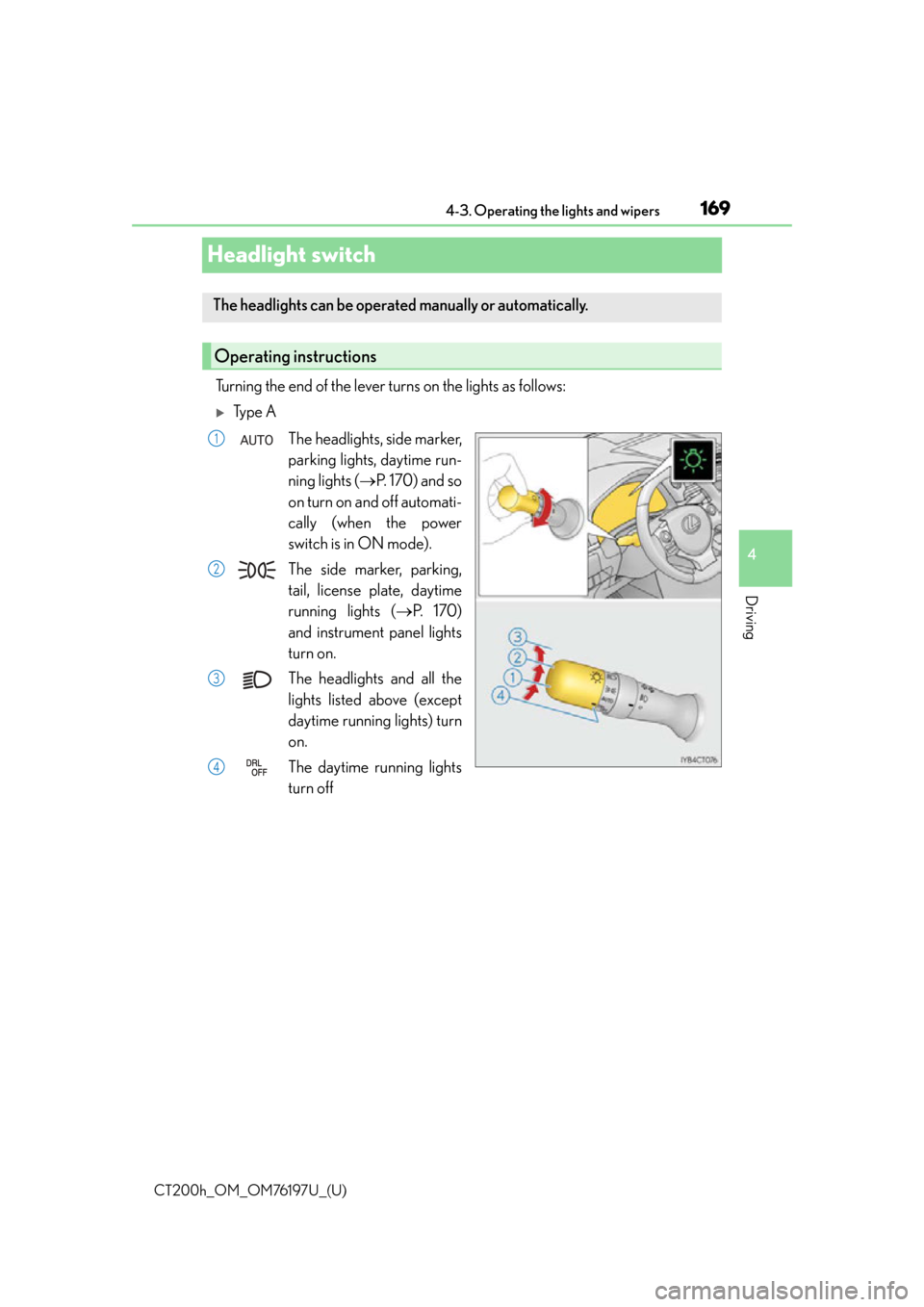 Lexus CT200h 2016  Owners Manual (in English) 169
CT200h_OM_OM76197U_(U)4-3. Operating the lights and wipers
4
Driving
Headlight switch
Turning the end of the lever turns on the lights as follows:
Ty p e  A
The headlights, side marker,
parking