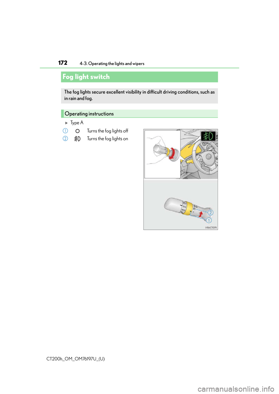 Lexus CT200h 2016  Owners Manual (in English) 172
CT200h_OM_OM76197U_(U)4-3. Operating the lights and wipers
Fog light switch
Ty p e  A
Turns the fog lights off
Turns the fog lights on
The fog lights secure excell ent visibility in difficult d