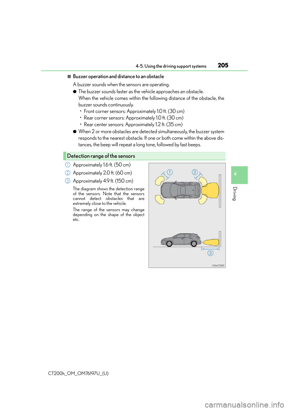 Lexus CT200h 2016  Owners Manual (in English) CT200h_OM_OM76197U_(U)
2054-5. Using the driving support systems
4
Driving
■Buzzer operation and distance to an obstacle
A buzzer sounds when the sensors are operating.
●The buzzer sounds faster a