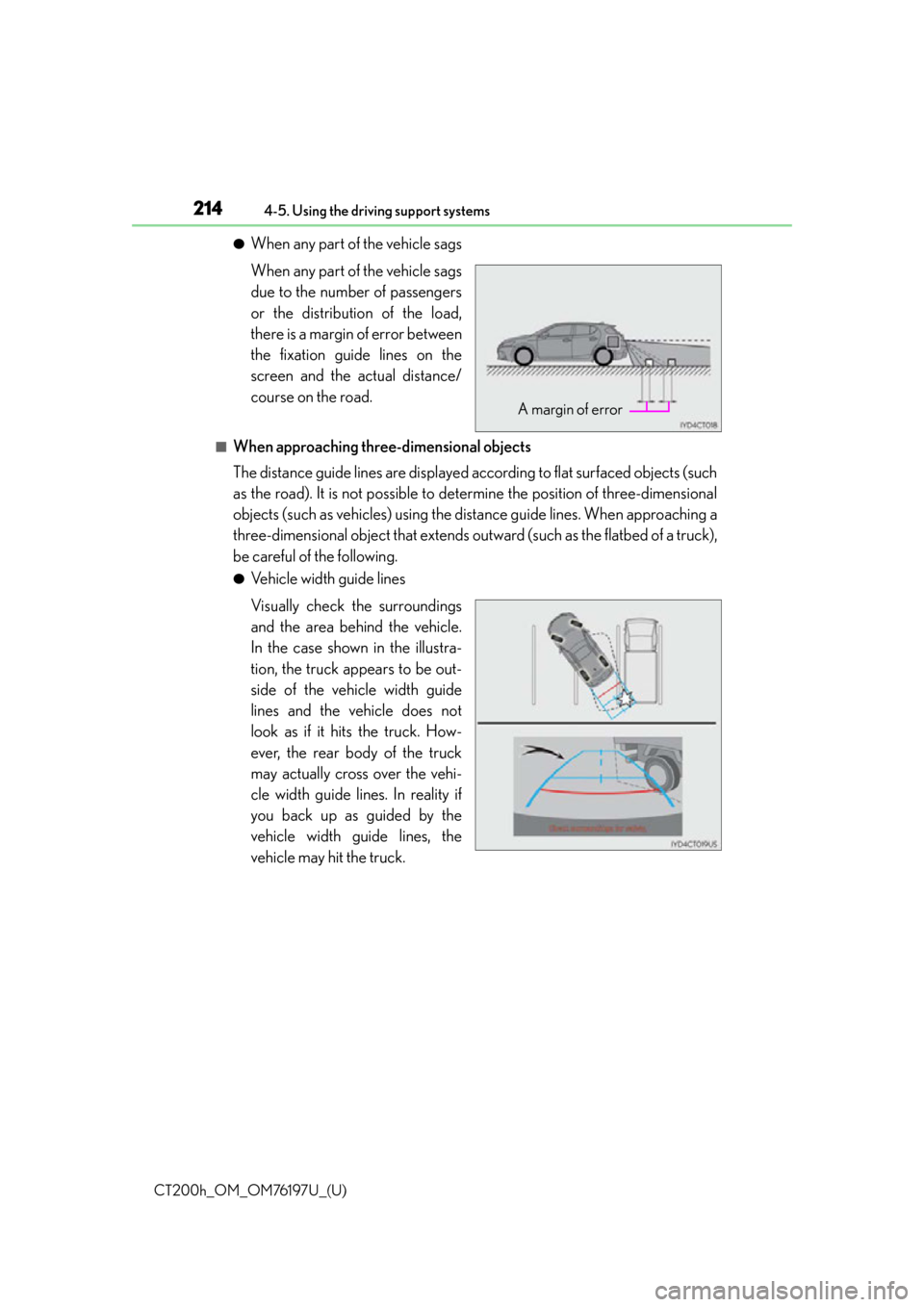 Lexus CT200h 2016 (in English) Service Manual 214
CT200h_OM_OM76197U_(U)4-5. Using the driving support systems
âWhen any part of the vehicle sags
When any part of the vehicle sags
due to the number of passengers
or the distribution of the load, Lexus CT200h 2016 (in English) Service Manual 214
CT200h_OM_OM76197U_(U)4-5. Using the driving support systems
âWhen any part of the vehicle sags
When any part of the vehicle sags
due to the number of passengers
or the distribution of the load,