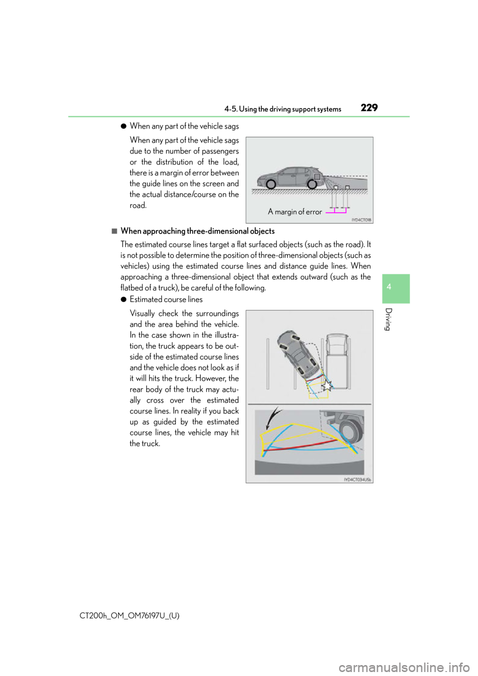 Lexus CT200h 2016 Owners Manual (in English) CT200h_OM_OM76197U_(U)
2294-5. Using the driving support systems
4
Driving
●When any part of the vehicle sags
When any part of the vehicle sags
due to the number of passengers
or the distribution of Lexus CT200h 2016 Owners Manual (in English) CT200h_OM_OM76197U_(U)
2294-5. Using the driving support systems
4
Driving
●When any part of the vehicle sags
When any part of the vehicle sags
due to the number of passengers
or the distribution of