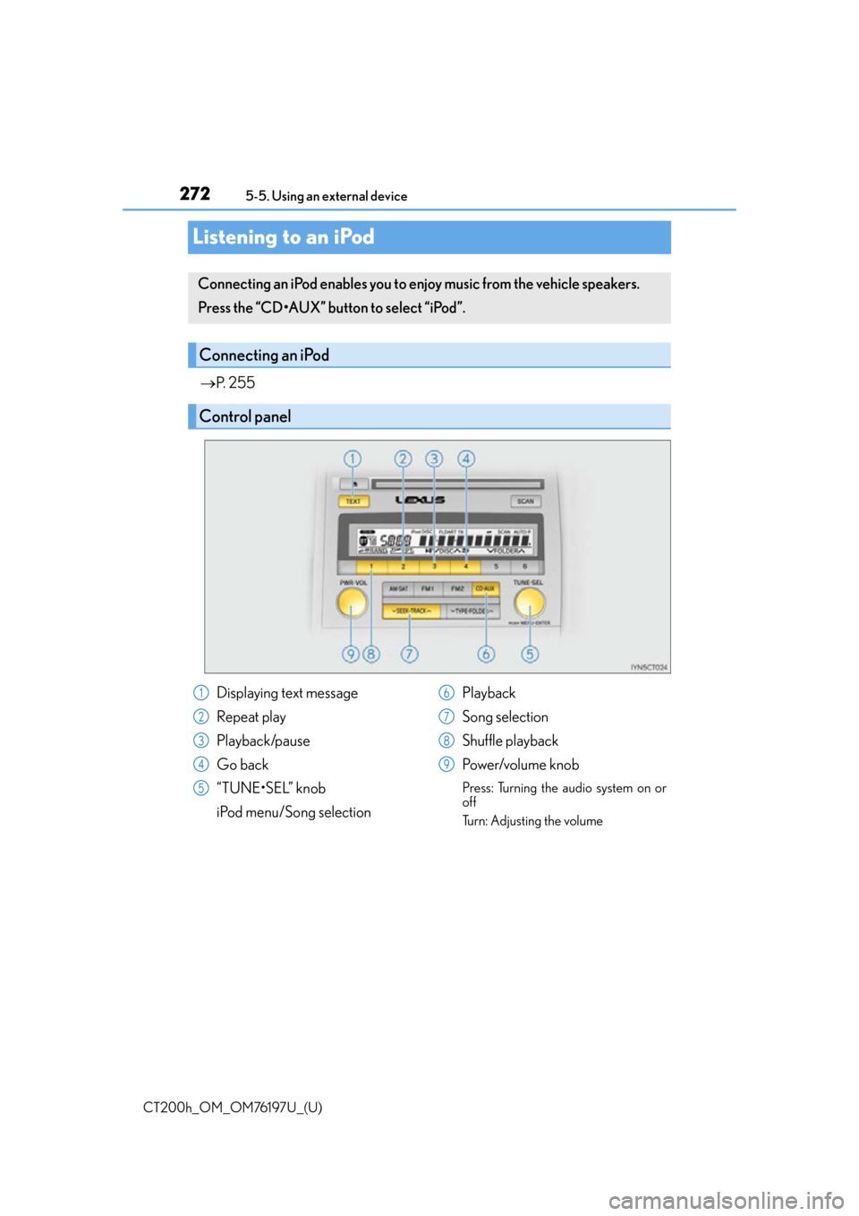 Lexus CT200h 2016 (in English) Manual PDF 272
CT200h_OM_OM76197U_(U)5-5. Using an external device
Listening to an iPod
P. 2 5 5
Connecting an iPod enables you to en joy music from the vehicle speakers.
Press the “CD•AUX” button to Lexus CT200h 2016 (in English) Manual PDF 272
CT200h_OM_OM76197U_(U)5-5. Using an external device
Listening to an iPod
P. 2 5 5
Connecting an iPod enables you to en joy music from the vehicle speakers.
Press the “CD•AUX” button to