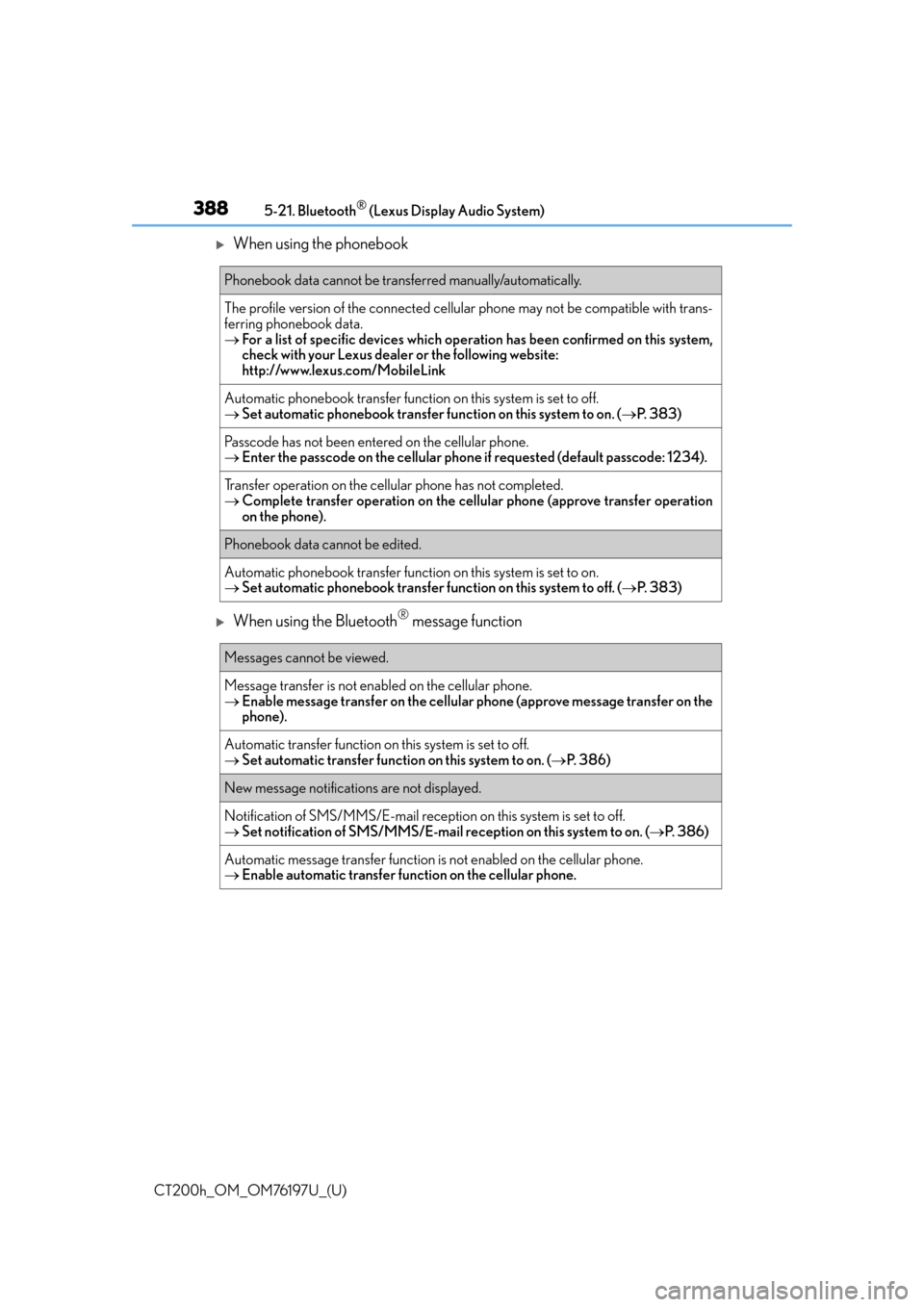 Lexus CT200h 2016 (in English) Repair Manual 3885-21. Bluetooth® (Lexus Display Audio System)
CT200h_OM_OM76197U_(U)
When using the phonebook
When using the Bluetooth® message function
Phonebook data cannot be transferred manually/automa Lexus CT200h 2016 (in English) Repair Manual 3885-21. Bluetooth® (Lexus Display Audio System)
CT200h_OM_OM76197U_(U)
When using the phonebook
When using the Bluetooth® message function
Phonebook data cannot be transferred manually/automa