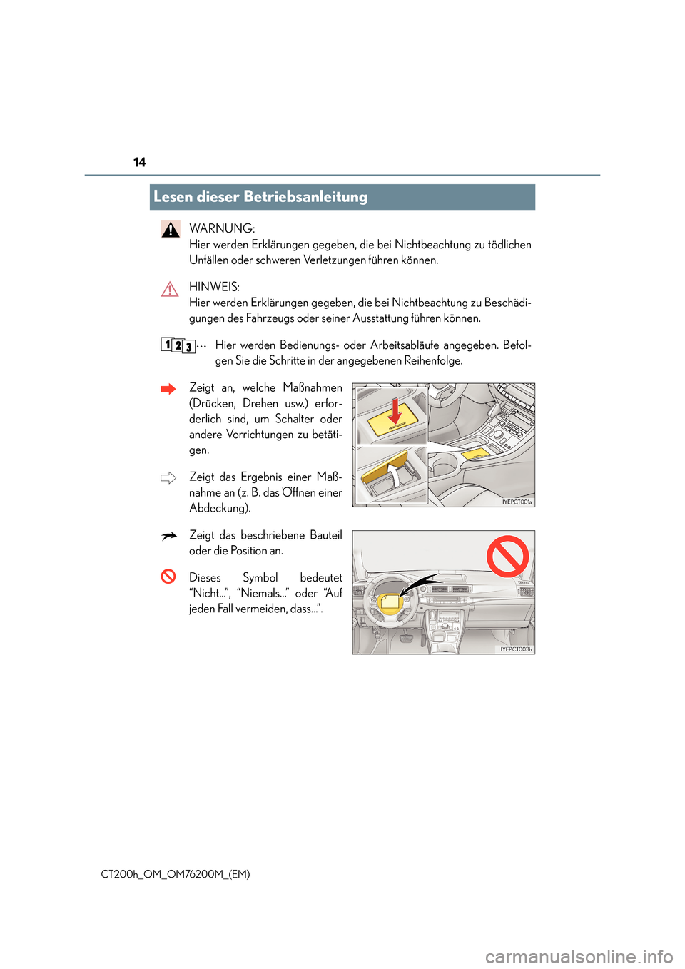 Lexus CT200h 2016  Betriebsanleitung (in German) 14
CT200h_OM_OM76200M_(EM)
Lesen dieser Betriebsanleitung
WA R N U N G :  
Hier werden Erklärungen gegeben, die bei Nichtbeachtung zu tödlichen
Unfällen oder schweren Verletzungen führen können.
